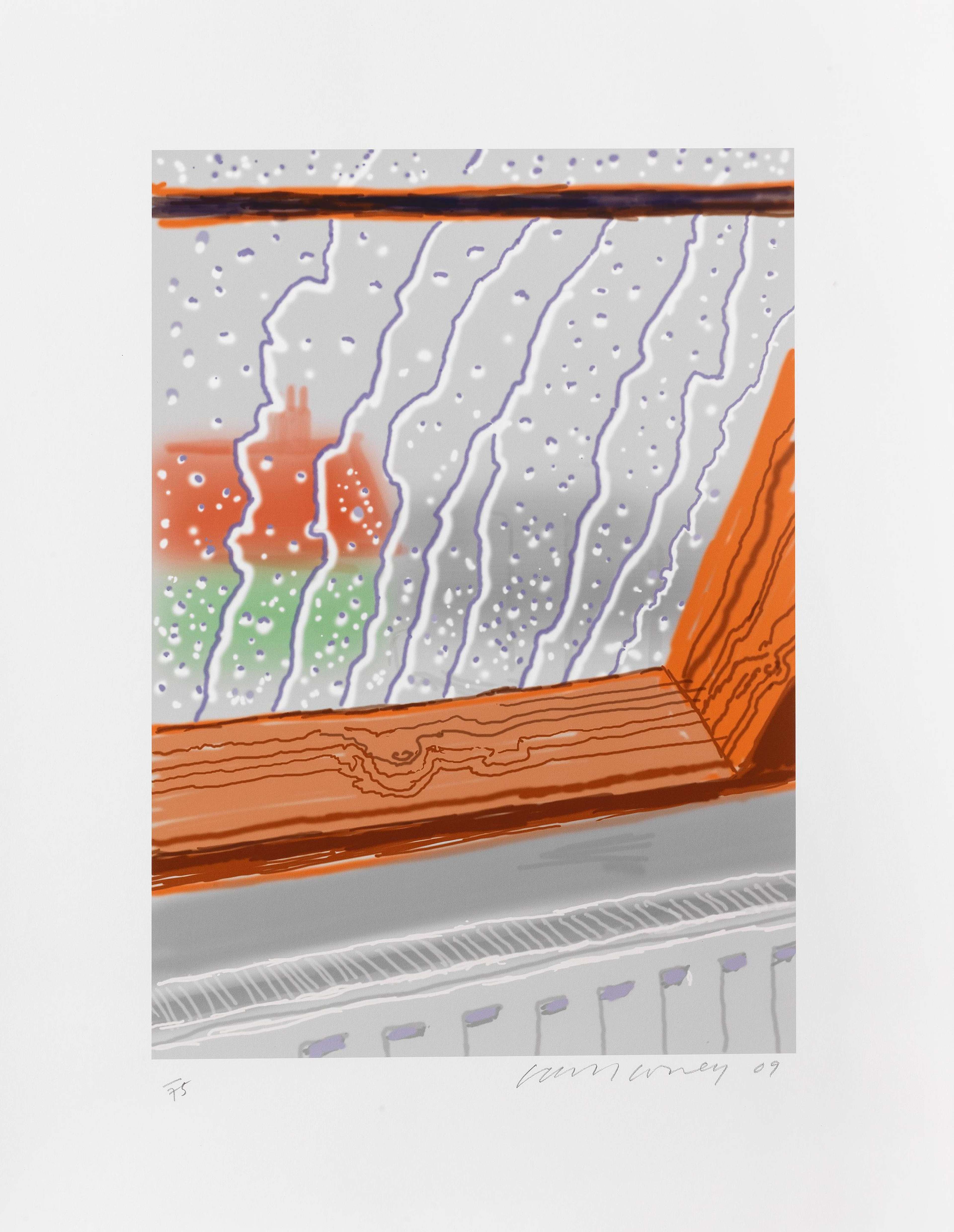« Rain On The Studio Window » de David Hockney. Une estampe numérique représentant l'intérieur d'une fenêtre recouverte de gouttes de pluie, donnant un aspect brumeux sur l'extérieur.