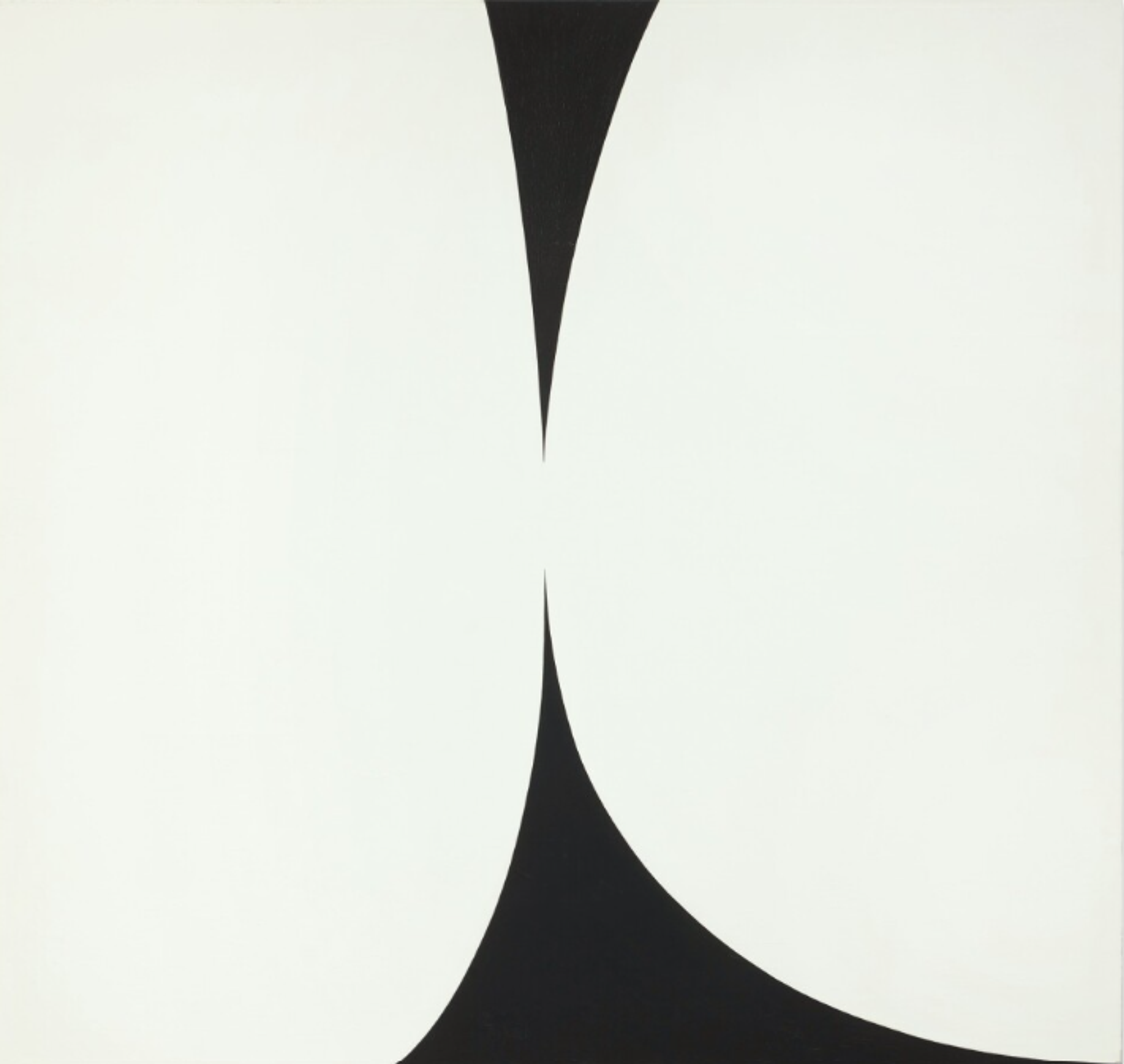 An almost square canvas. It appears to have a black background, with two large, white, opposing curves emerging from either side of the composition. The curves meet in the middle, the right side slightly more curved than the left.