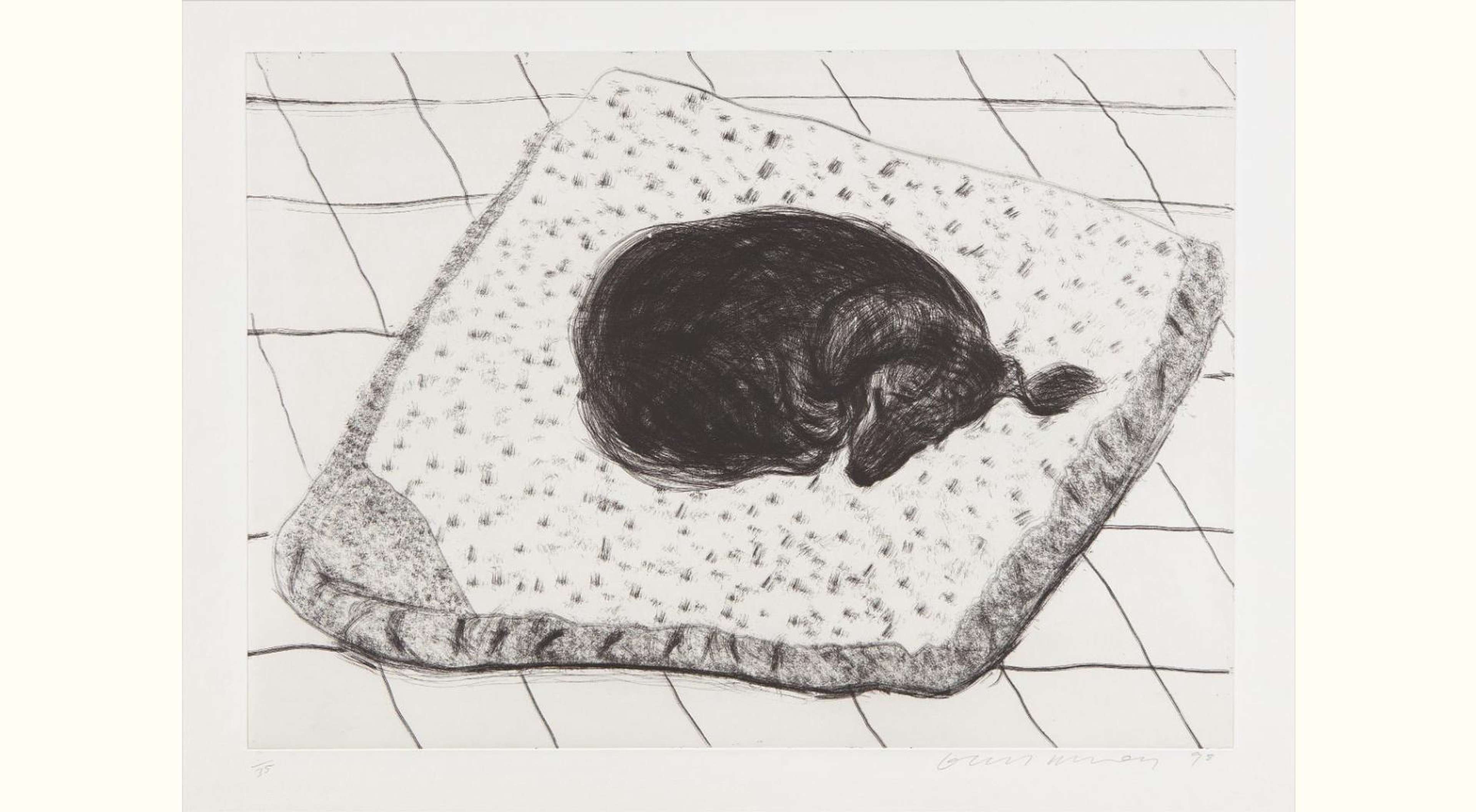 A finely detailed etching of a dachshund stretched out on a cushion, captured in a moment of calm stillness.