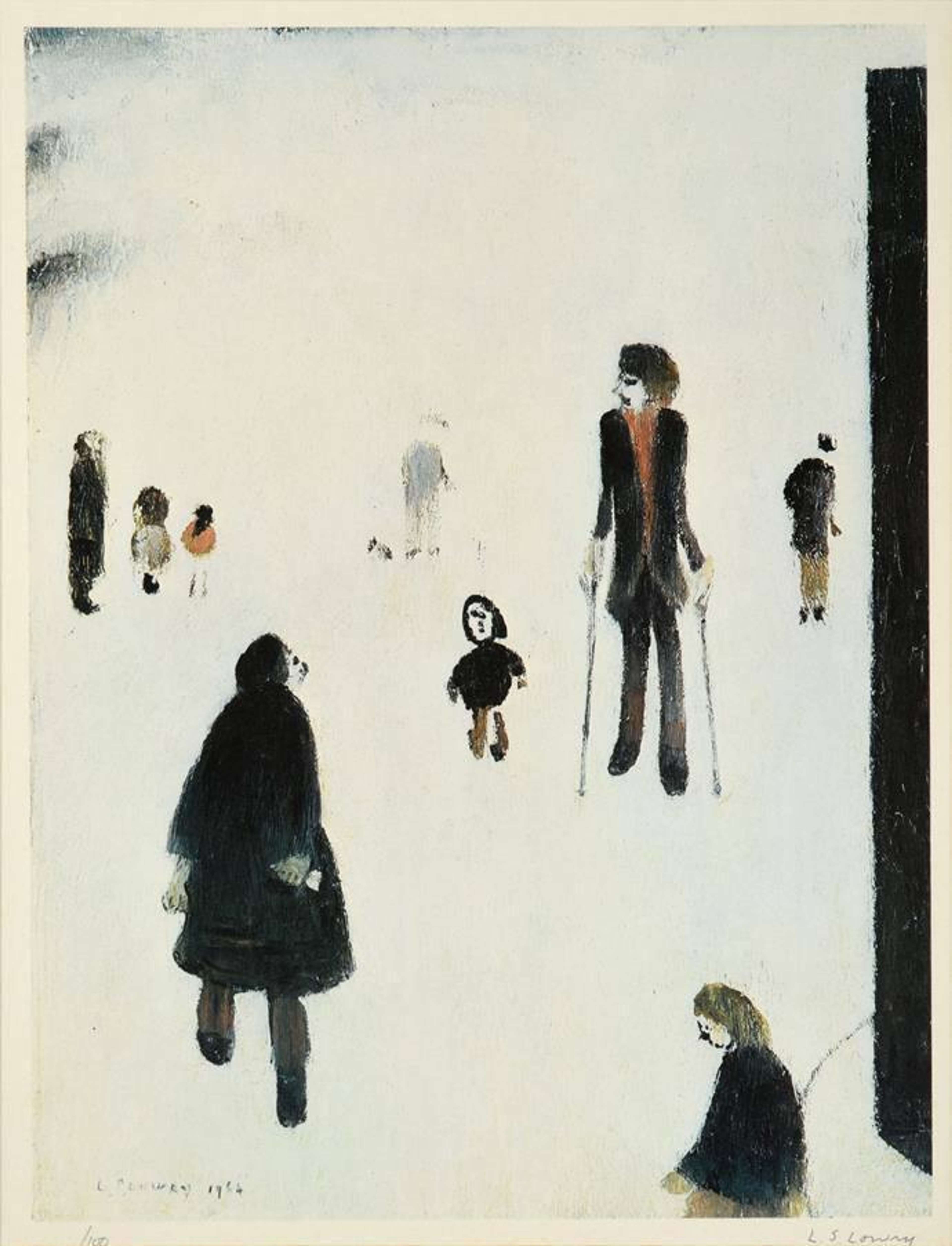 Figures In The Park est une lithographie de L S Lowry représentant diverses figures sur un fond blanc qui ne révèle aucun contexte situationnel.