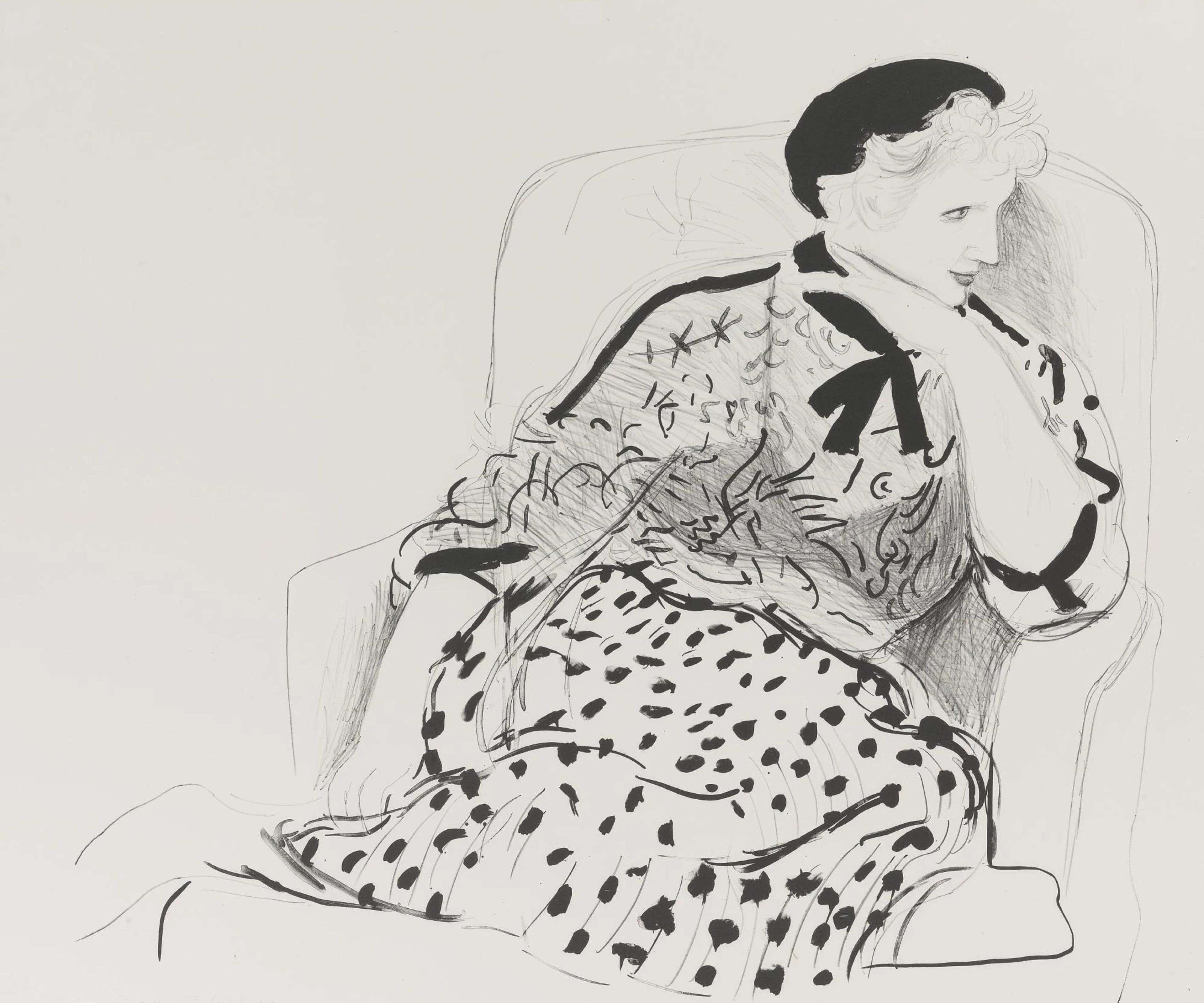 A lithograph of Celia Birtwell seated in an armchair, her patterned dress and relaxed pose capturing Hockney’s calm, intimate style.