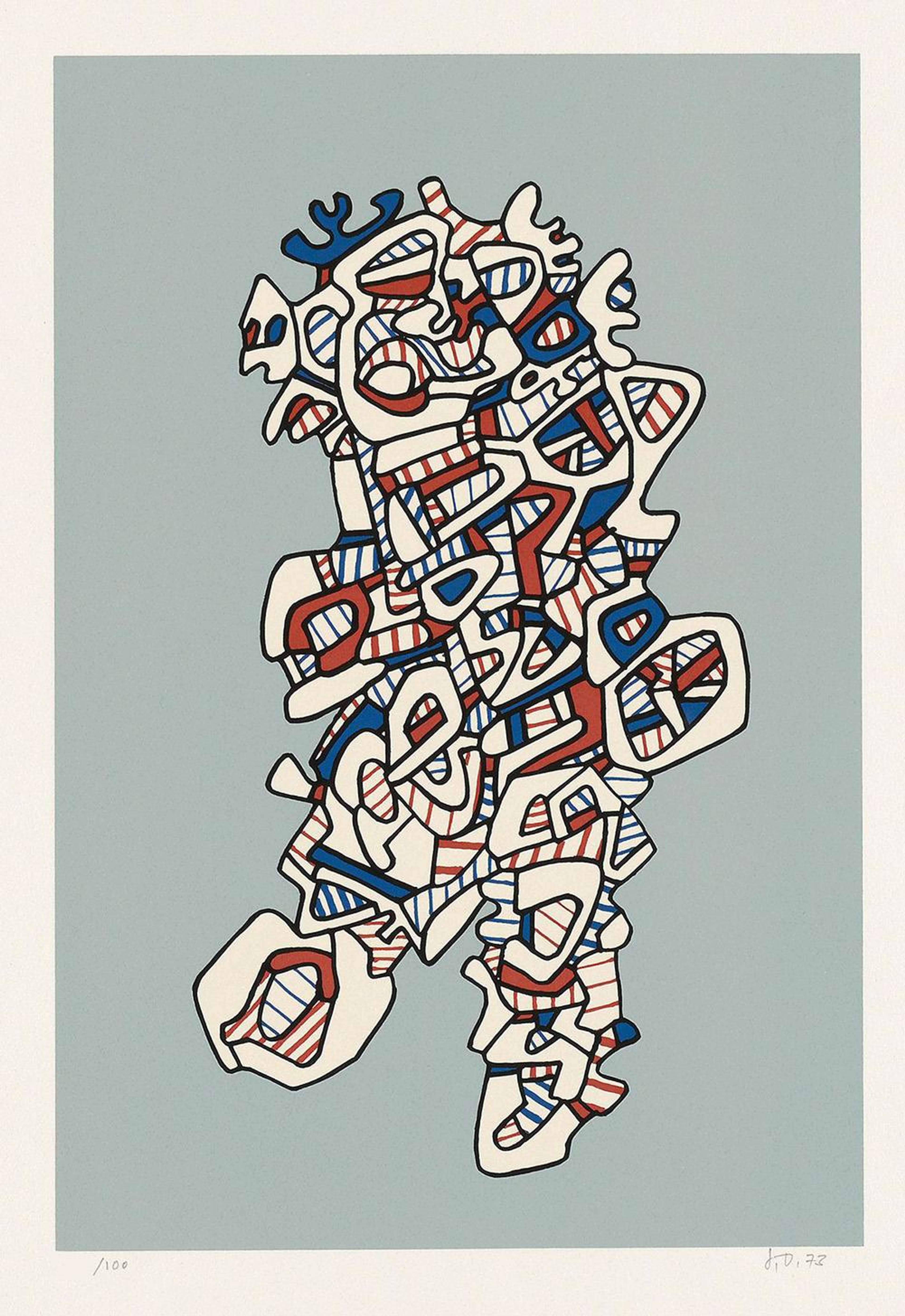 Voici un exemple du style L’Hourloupe de Dubuffet, caractérisé par un réseau complexe de formes abstraites imbriquées, créées par des lignes noires constantes. Certaines des formes dessinées par ces lignes sont remplies d'encre rouge et bleue, tandis que d'autres sont rayées. L'ensemble crée une image très abstraite d'une personne. Le fond est bleu clair.