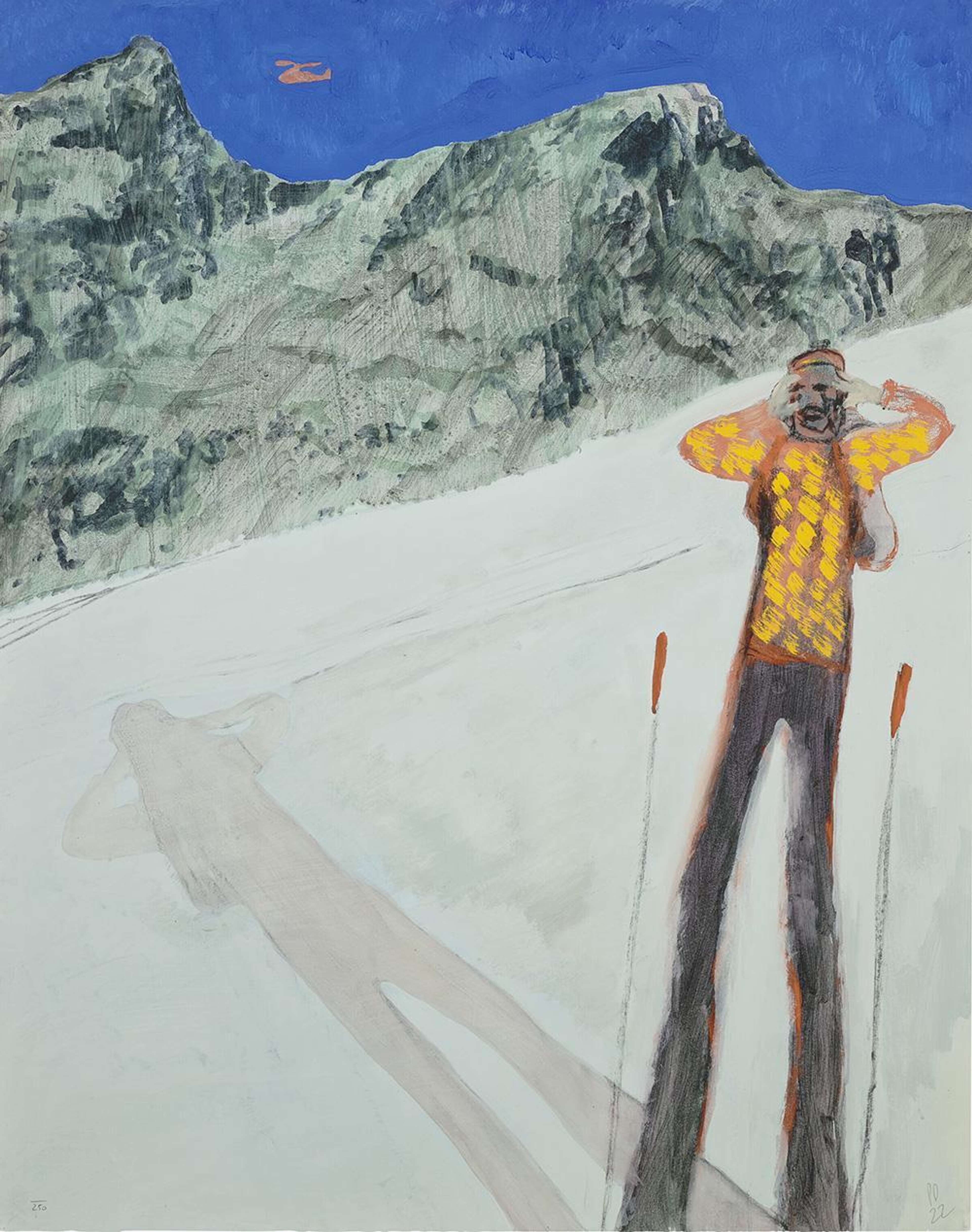 Une œuvre représentant un skieur debout sur le flanc d'une montagne enneigée. Il porte ses mains à ses yeux comme s'il ajustait son masque. À l'arrière-plan, on distingue d'autres montagnes et un soleil jaune sur un ciel d'un bleu éclatant. L'œuvre est colorée de manière brute, mettant l'accent sur la texture et les formes exagérées.