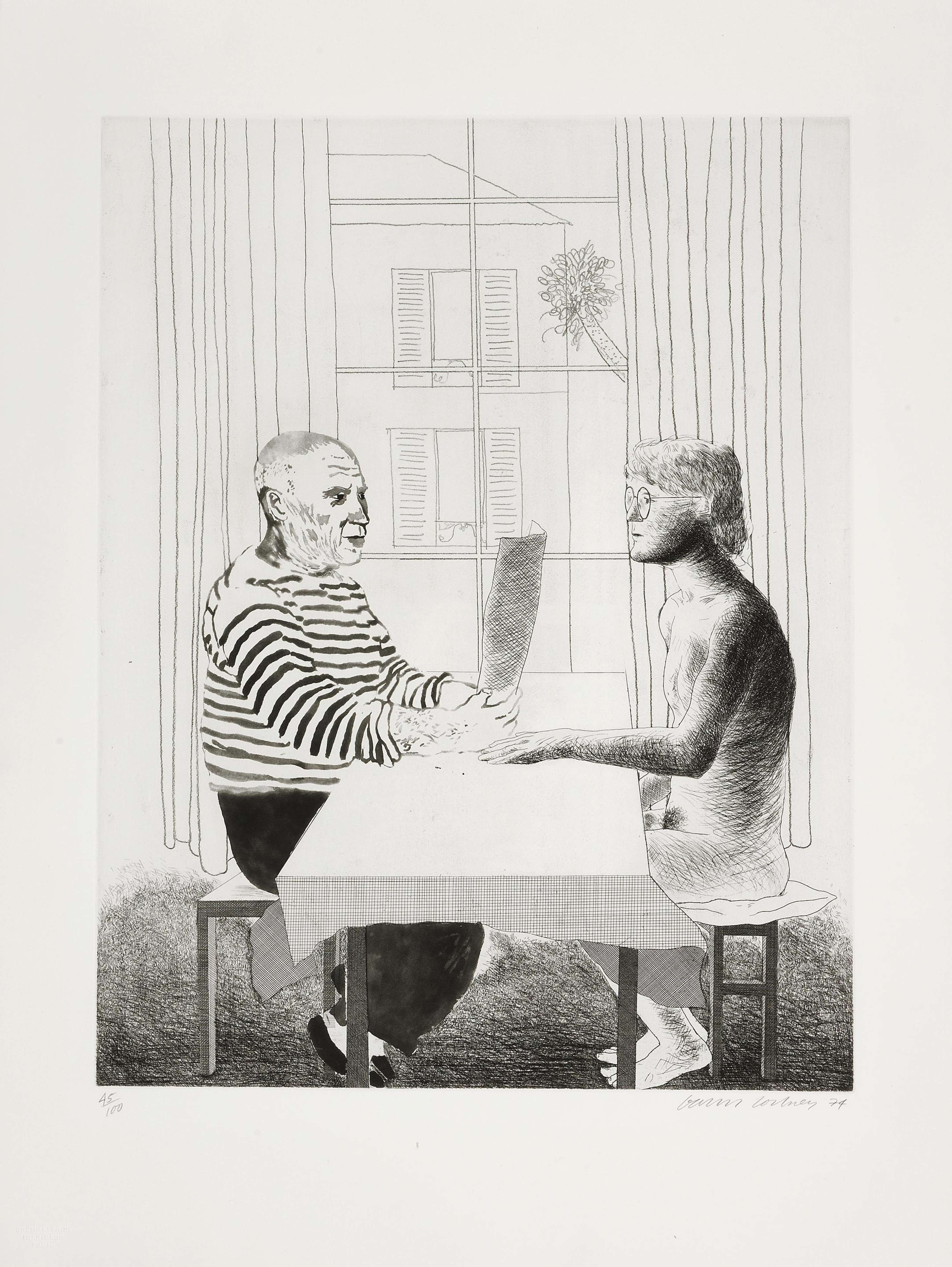 Une gravure qui fait partie de la collection « Influences », elle représente l'artiste lui-même assis face à l'une de ses plus grandes sources d'inspiration : l'artiste espagnol Pablo Picasso.