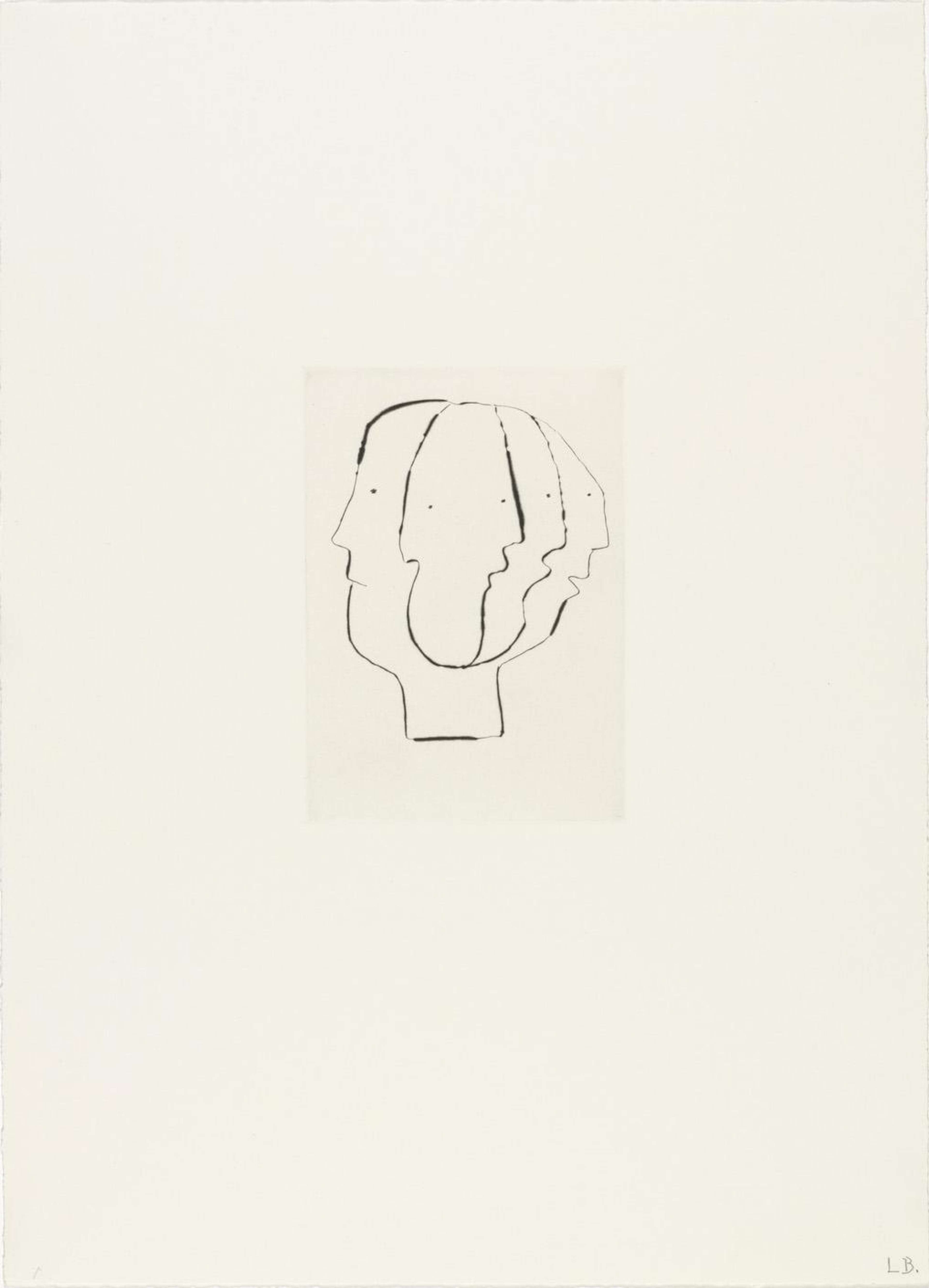 Louise Bourgeois Untitled No. 1. A monochromatic etching of a depiction of a face with four side profile perspectives.