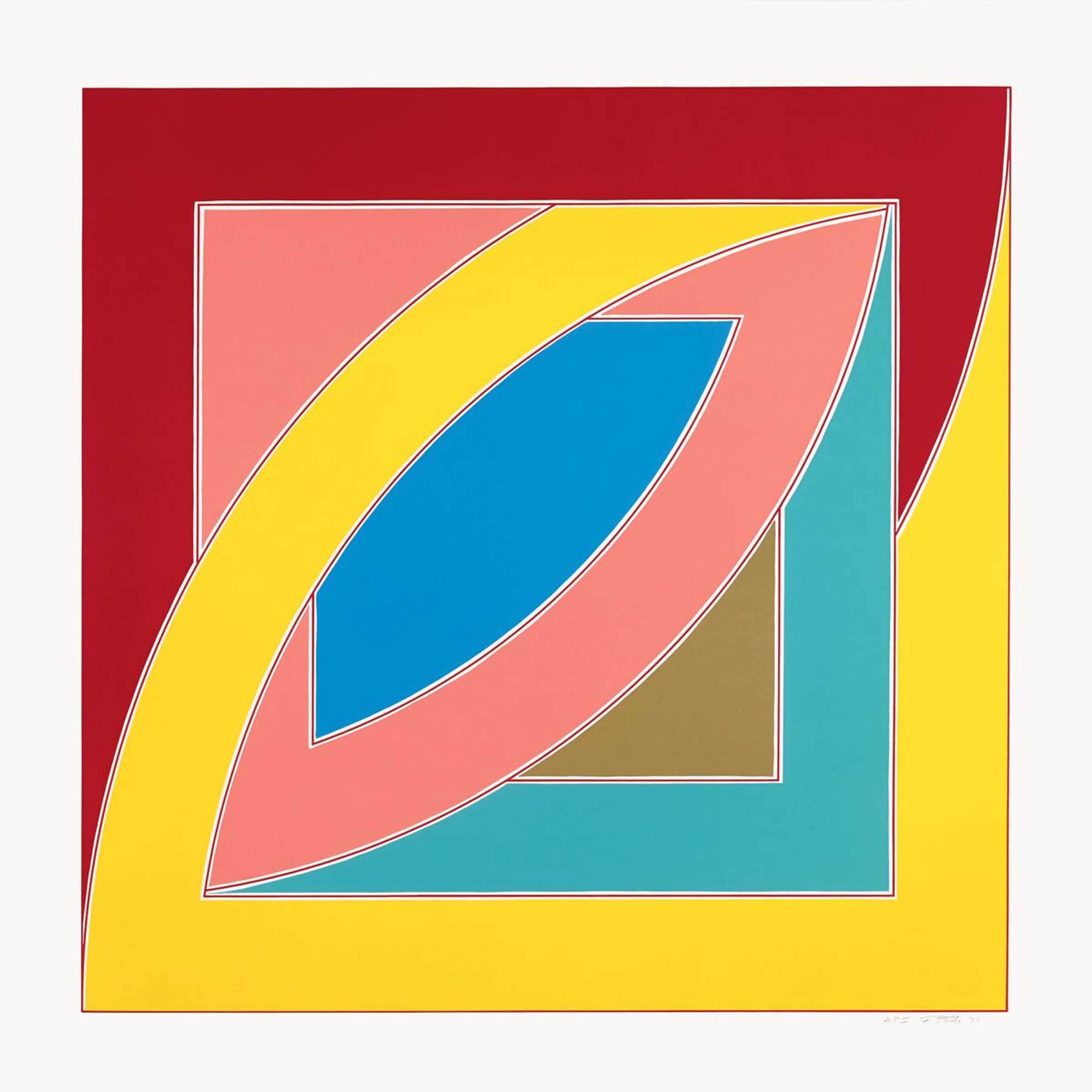Un motif carré et géométrique composé de trois carrés superposés. Les contours des carrés sont interrompus par des courbes qui se chevauchent depuis le carré inférieur. Les couleurs principales utilisées pour définir les carrés et les courbes sont le jaune et le rouge sur le carré le plus extérieur, puis le rose et le turquoise, et enfin le bleu foncé et le brun sur le plus petit carré.
