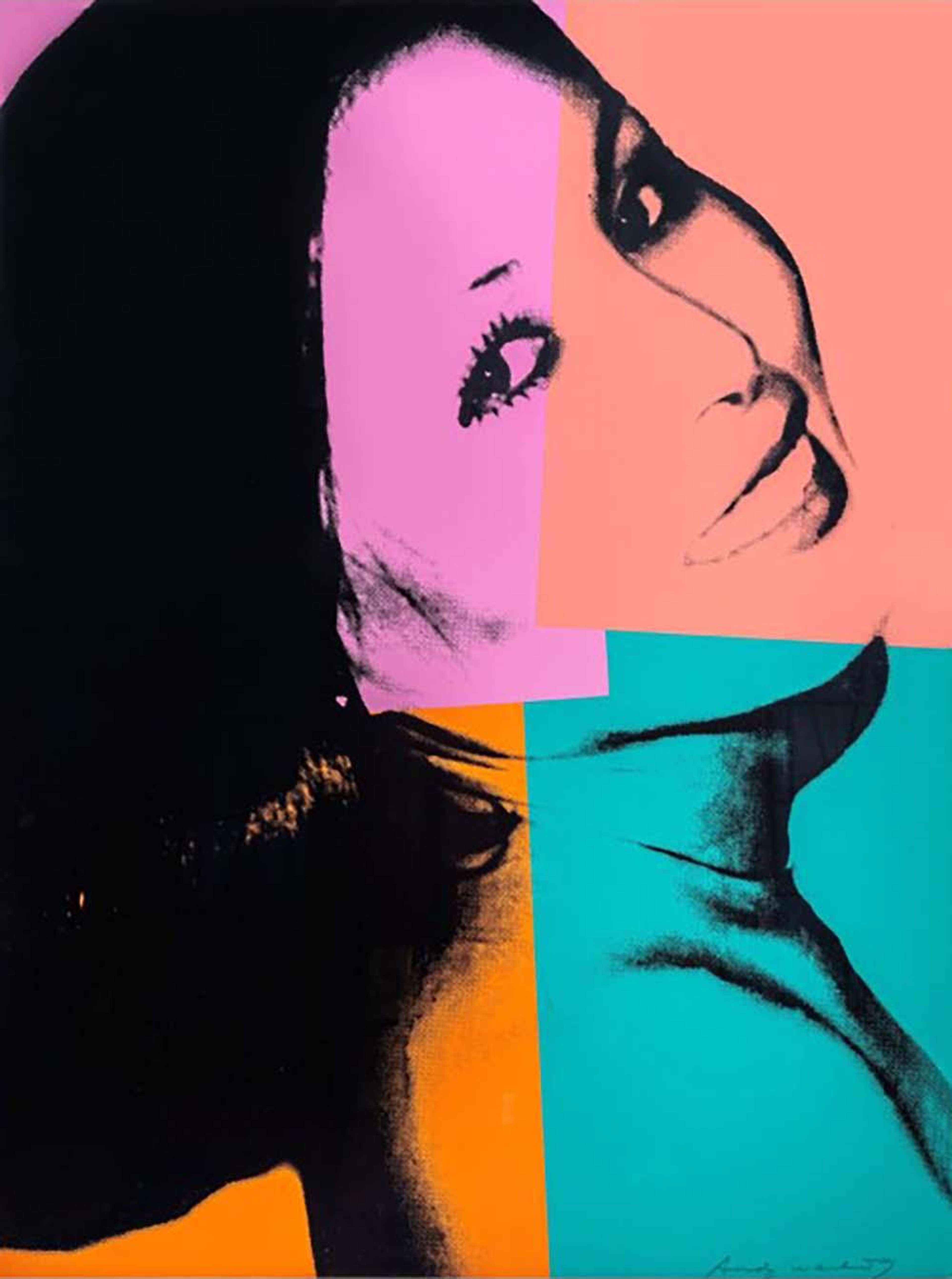 Une image de l'estampe « Sachiko » d'Andy Warhol, qui représente Sachiko Goodman, l'une des meilleures courtières immobilières et collectionneuses d'art de New York. Sachiko est représentée de profil, regardant avec charme le spectateur de l'estampe, alors qu'elle incline la tête en arrière d'une manière enjouée et désinvolte.