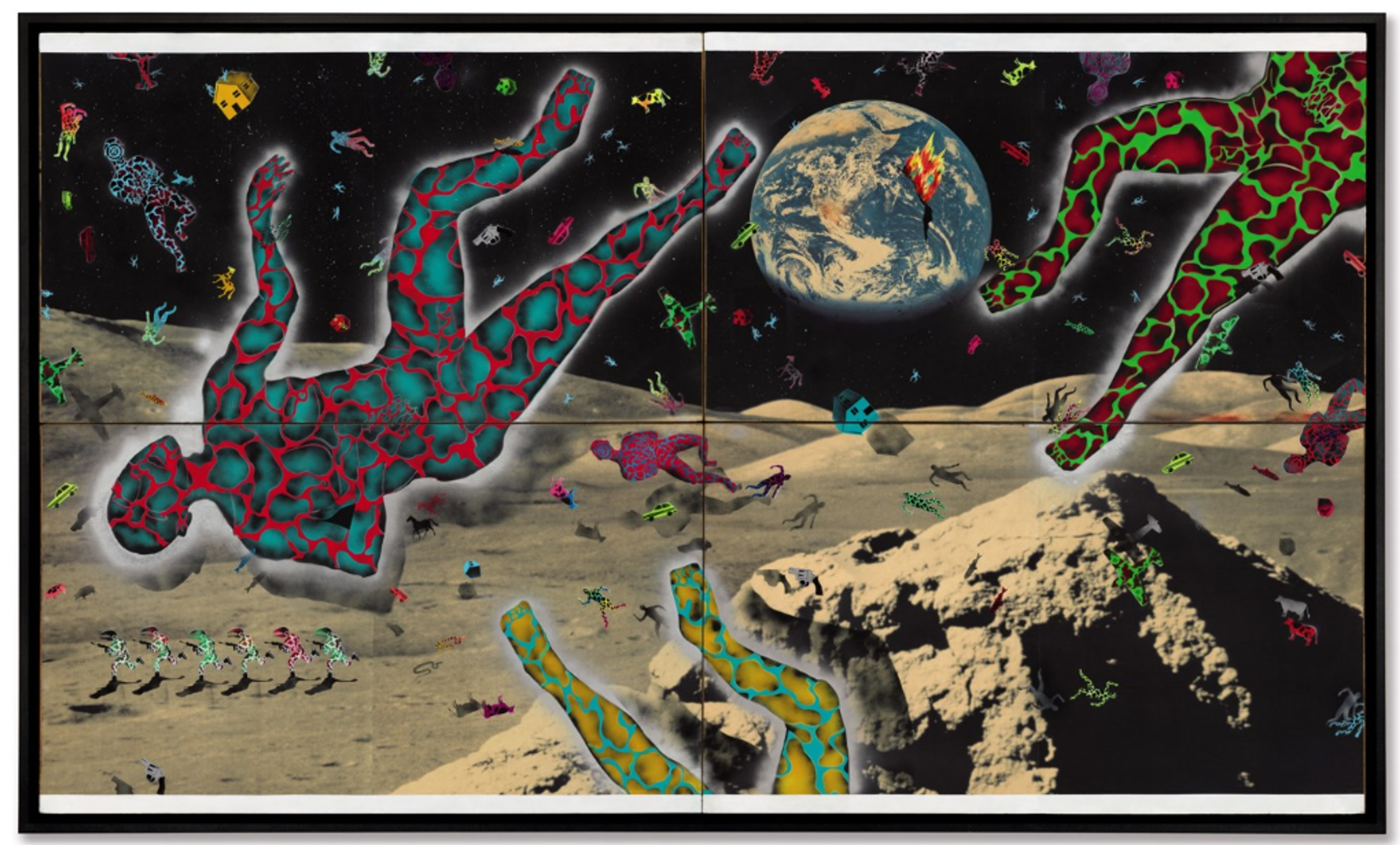 A surreal space scene, possibly set on the moon, with the Earth visible in the distance. Figures, each entirely covered in colourful leopard-like patterns, float around the scene. Colourful houses, cars, guns, and aeroplanes float between them. On the moon’s surface, a line of alien creatures run out of sight, guns in hand.