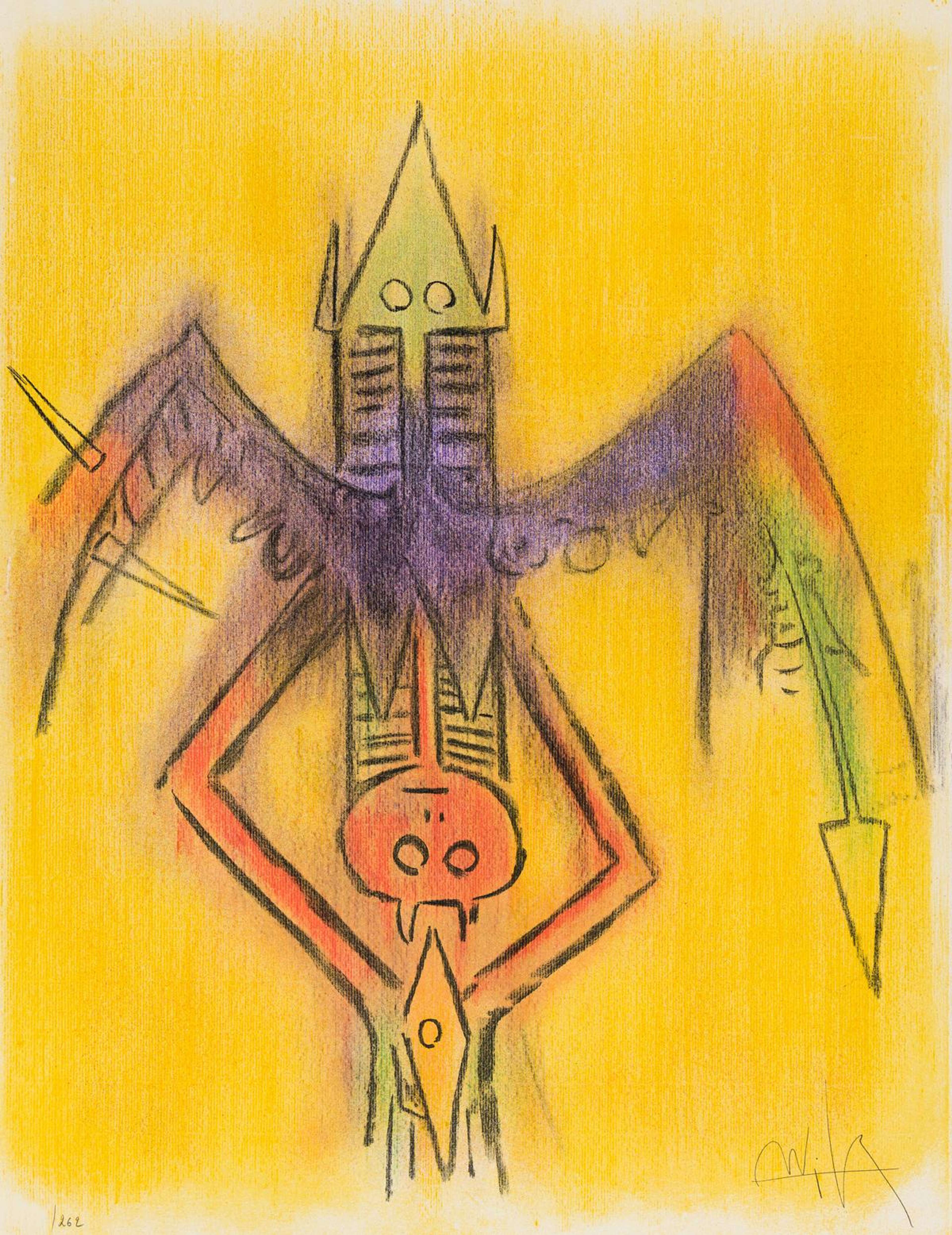 Sur un fond jaune crayeux, une créature ailée fait face au spectateur. Elle possède des ailes violettes aux extrémités rouges, des épines et une tête vertes, des yeux vides, des pattes rouges angulaires et des pieds verts qui se rejoignent en forme de losange. Entre ses pattes, une seconde tête rouge apparaît.