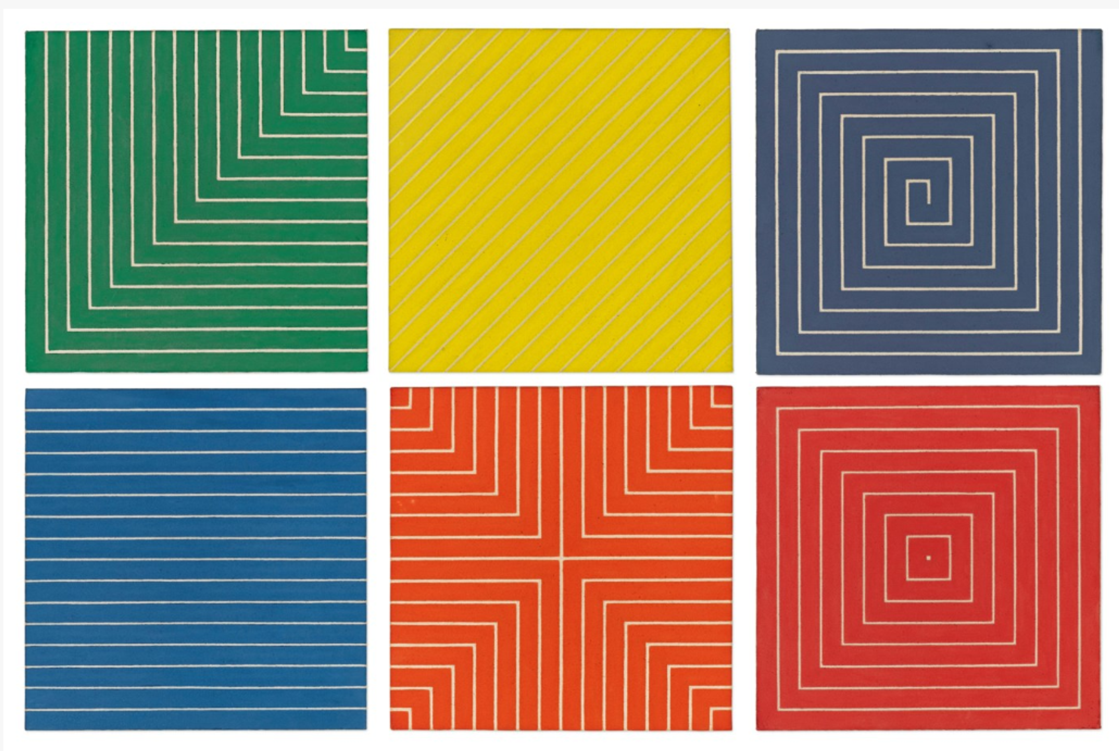 A grid of six square paintings, each featuring different directional geometric lines in bold colours: green, yellow, blue, red, orange, and navy. The lines create a maze-like effect within each square, emphasising flatness and symmetry.