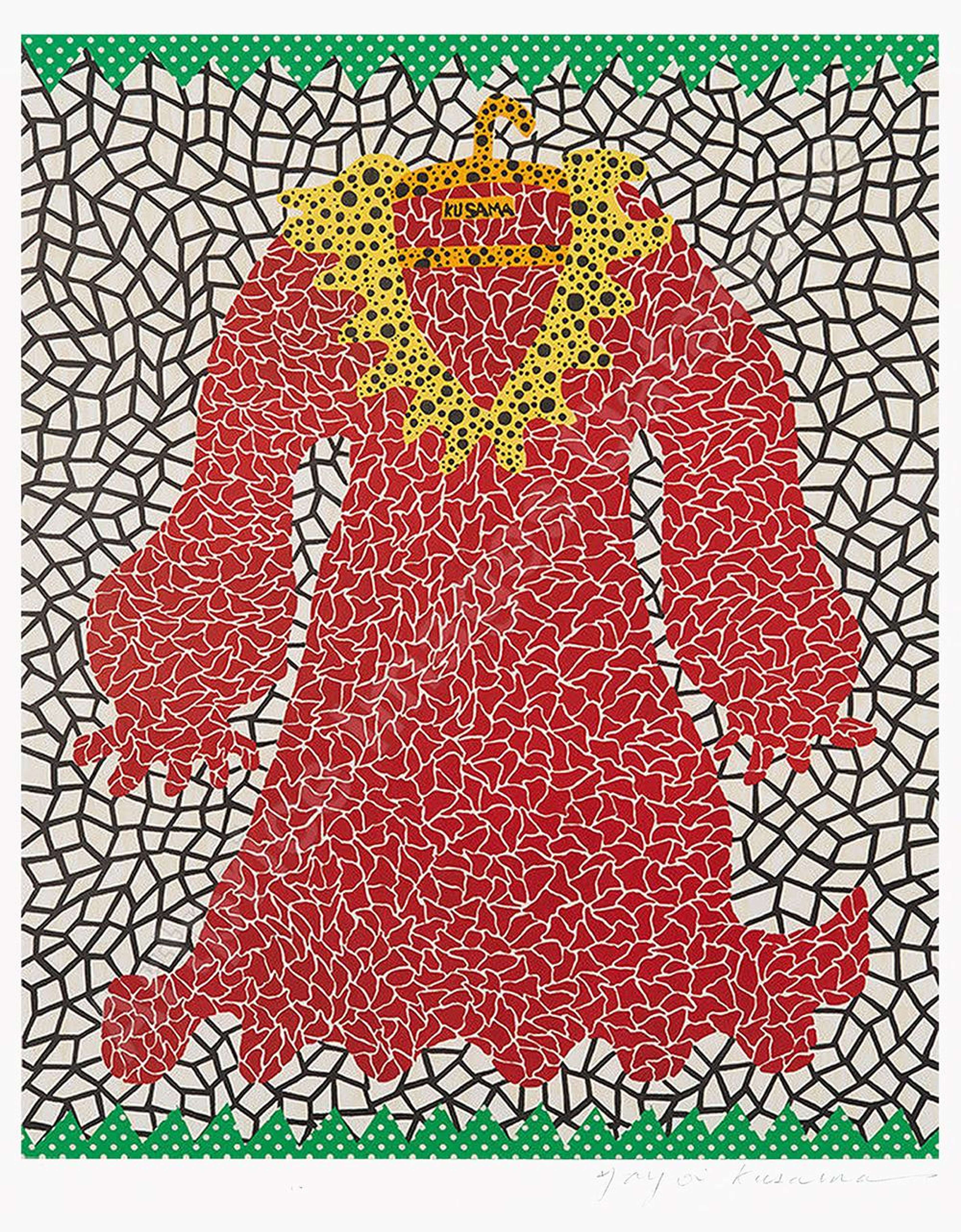 Une image d'une estampe de Yayoi Kusama, représentant une robe réalisée dans un style mosaïque. La robe est orange et jaune sur un fond noir et blanc. L'étiquette de la robe indique « Kusama ». La scène entière est encadrée par une bordure à pois verts.