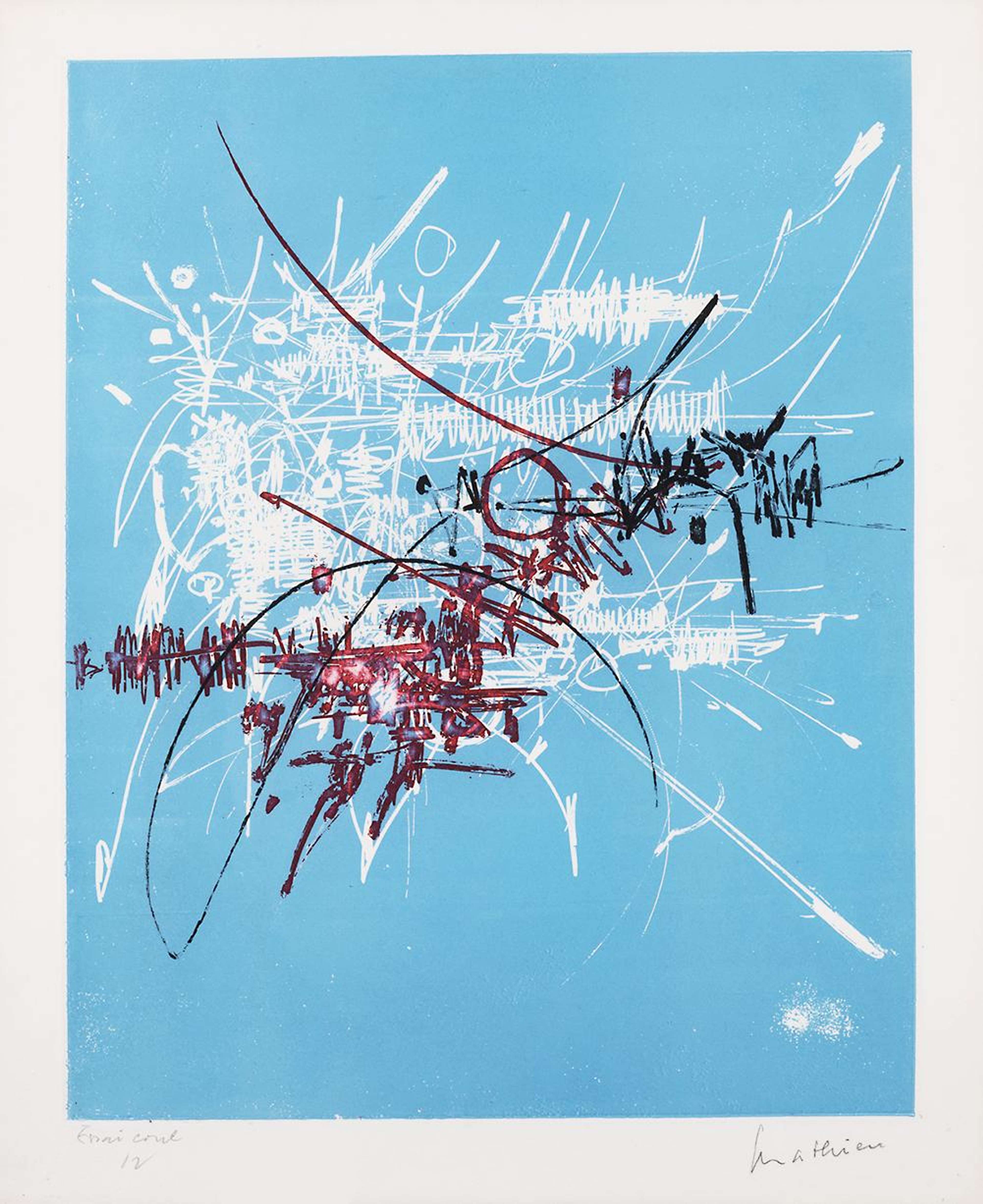 Une estampe sur fond bleu clair. Sur ce fond se trouve une composition d'encre blanche et rouge. L'encre blanche dessine des lignes, des cercles et des gribouillis répétitifs qui évoquent la calligraphie et forment approximativement une forme carrée avec quelques détails qui dépassent. Par-dessus, des lignes, courbes et cercles rouges, rappelant également la calligraphie, s'étirent horizontalement sur la page et vers le coin supérieur droit. L'œuvre, intitulée « Red And Blue Composition », est une exploration fascinante de la texture et du mouvement.