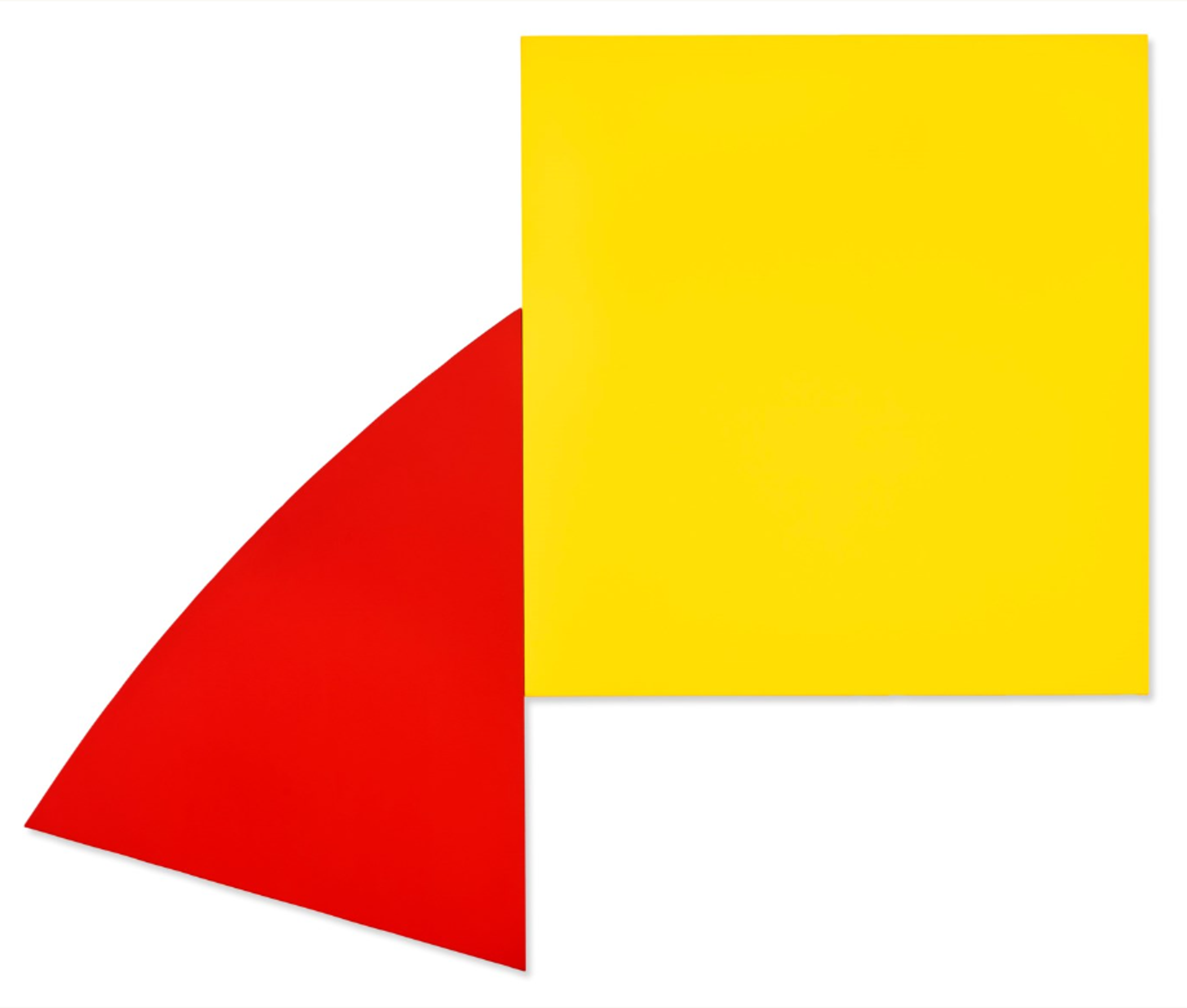 Two canvas panels side-by-side, connected in the middle. On the left is a triangular red panel with a curved upper edge. Its second-longest edge connects with the square yellow panel on the right, which is positioned relatively higher than the red panel. 