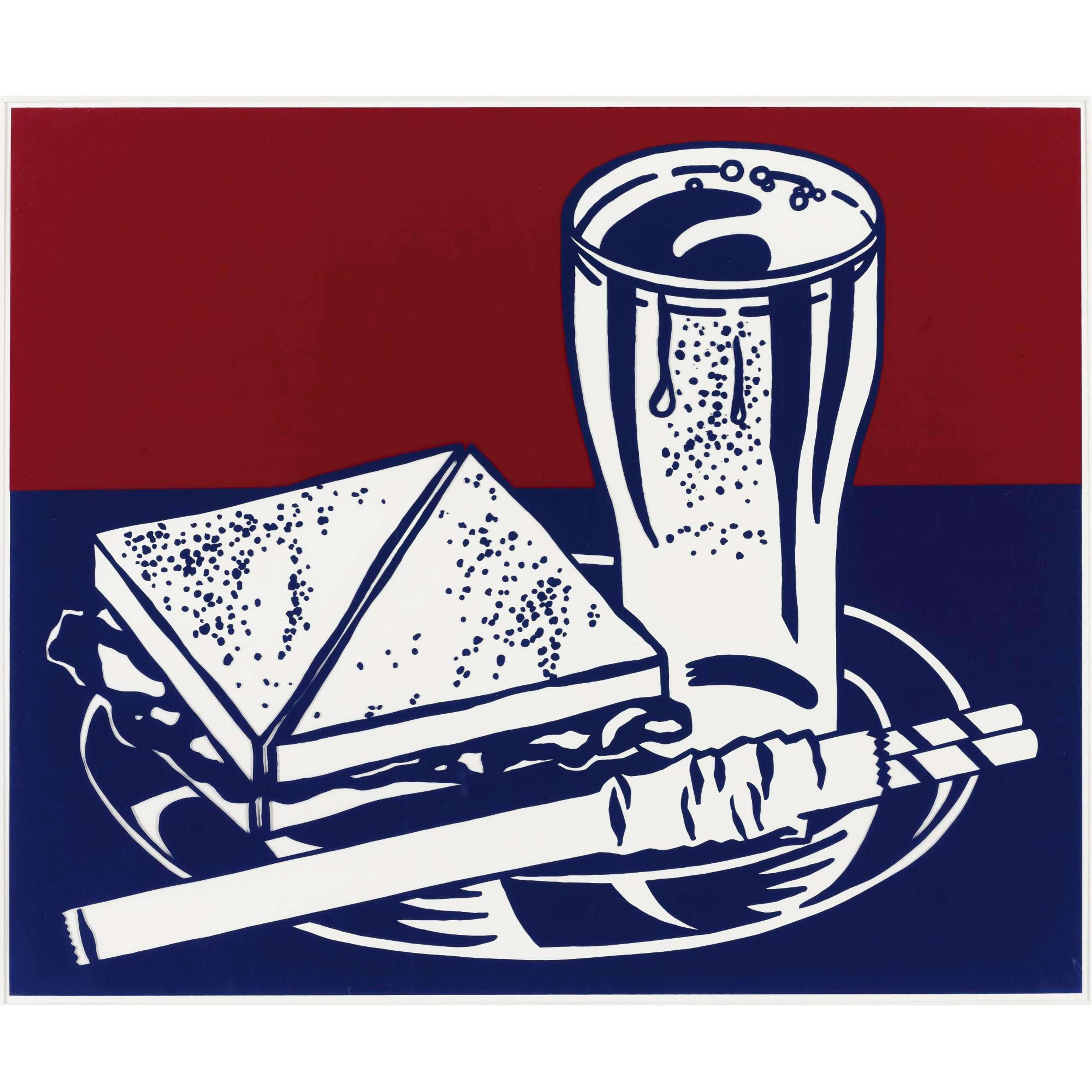 Cette estampe de Roy Lichtenstein représente un sandwich coupé en triangles, un verre de soda et une paille. La palette de couleurs est composée de rouge, de blanc et de bleu.