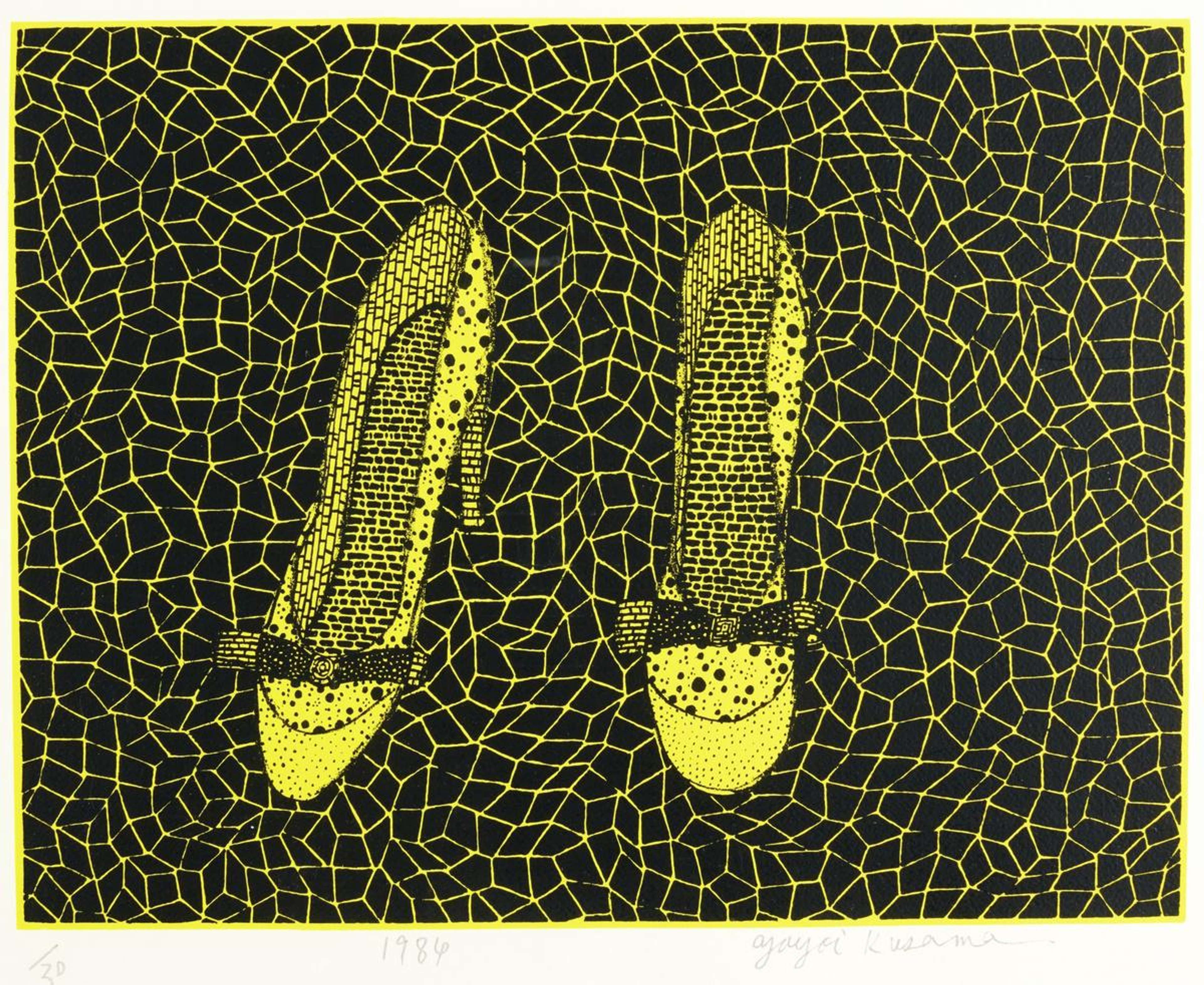 A pair of high-heeled shoes covered in dense polka dots set against an Infinity Nets ground.