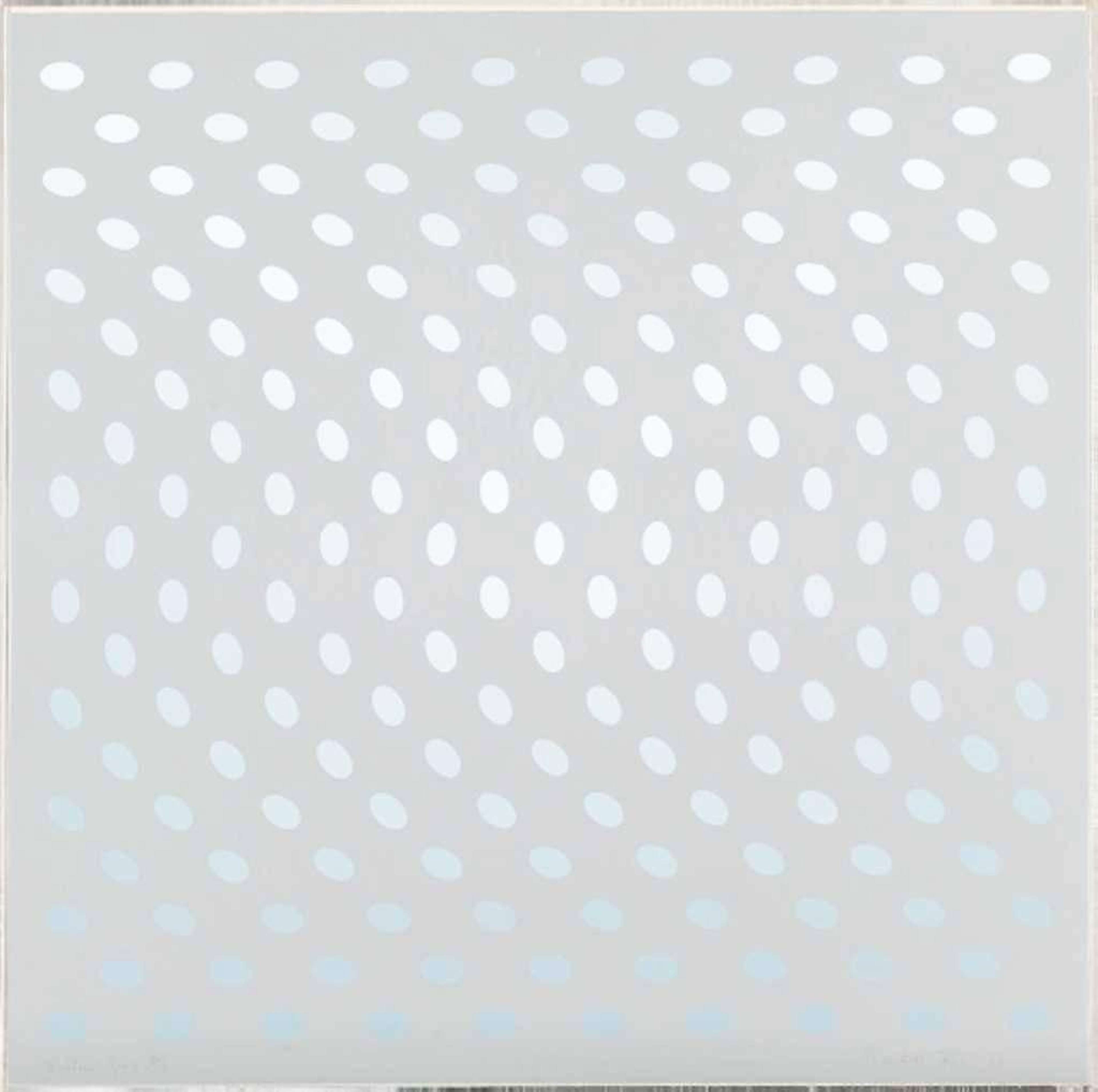 « Nineteen Greys A » de Bridget Riley. Une sérigraphie à illusion d'optique présentant des points argentés sur fond blanc.