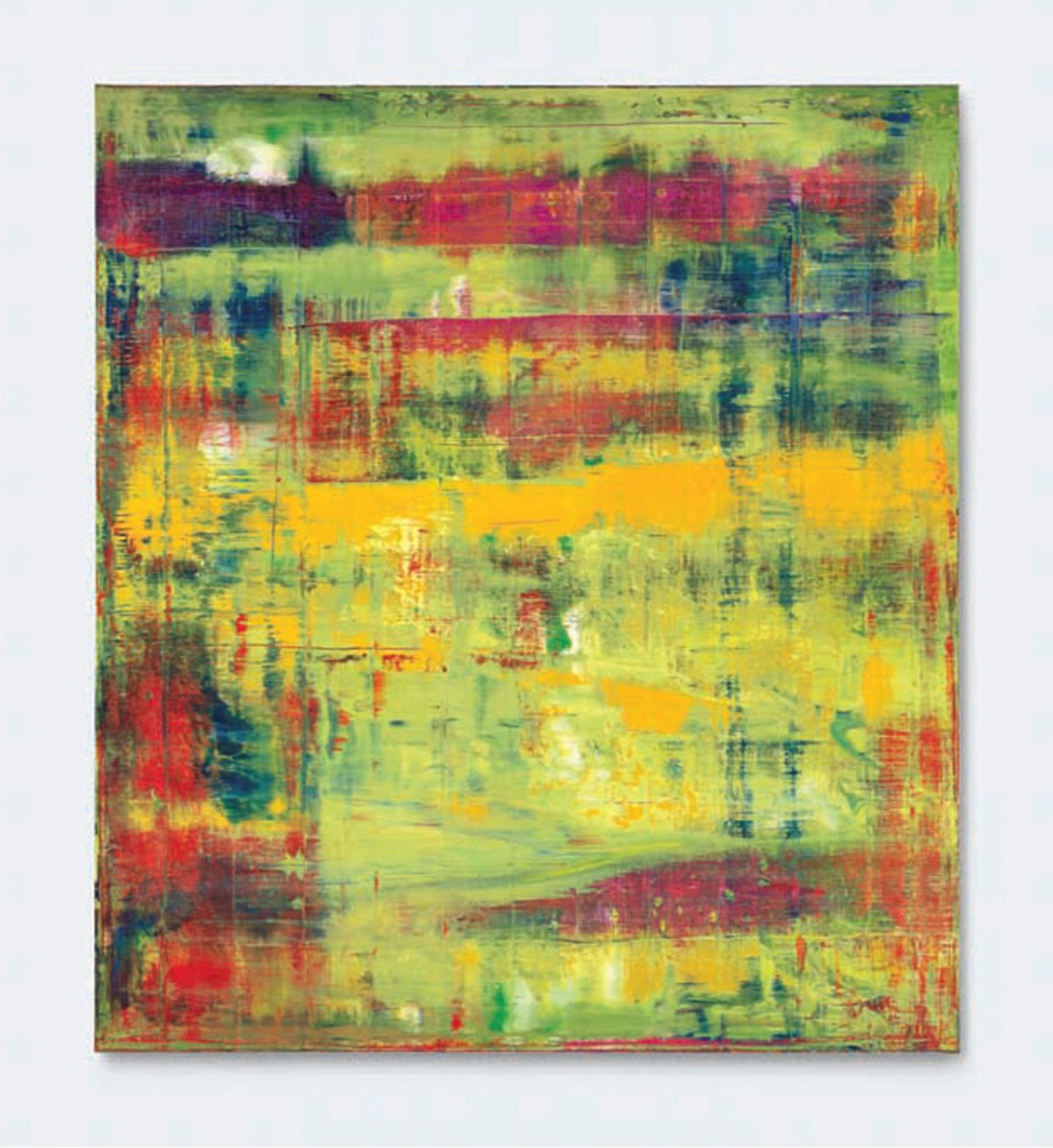 Peinture abstraite de Gerhard Richter, représentant des couches superposées et texturées de jaune, de vert clair, de rouge et de bleu profond.