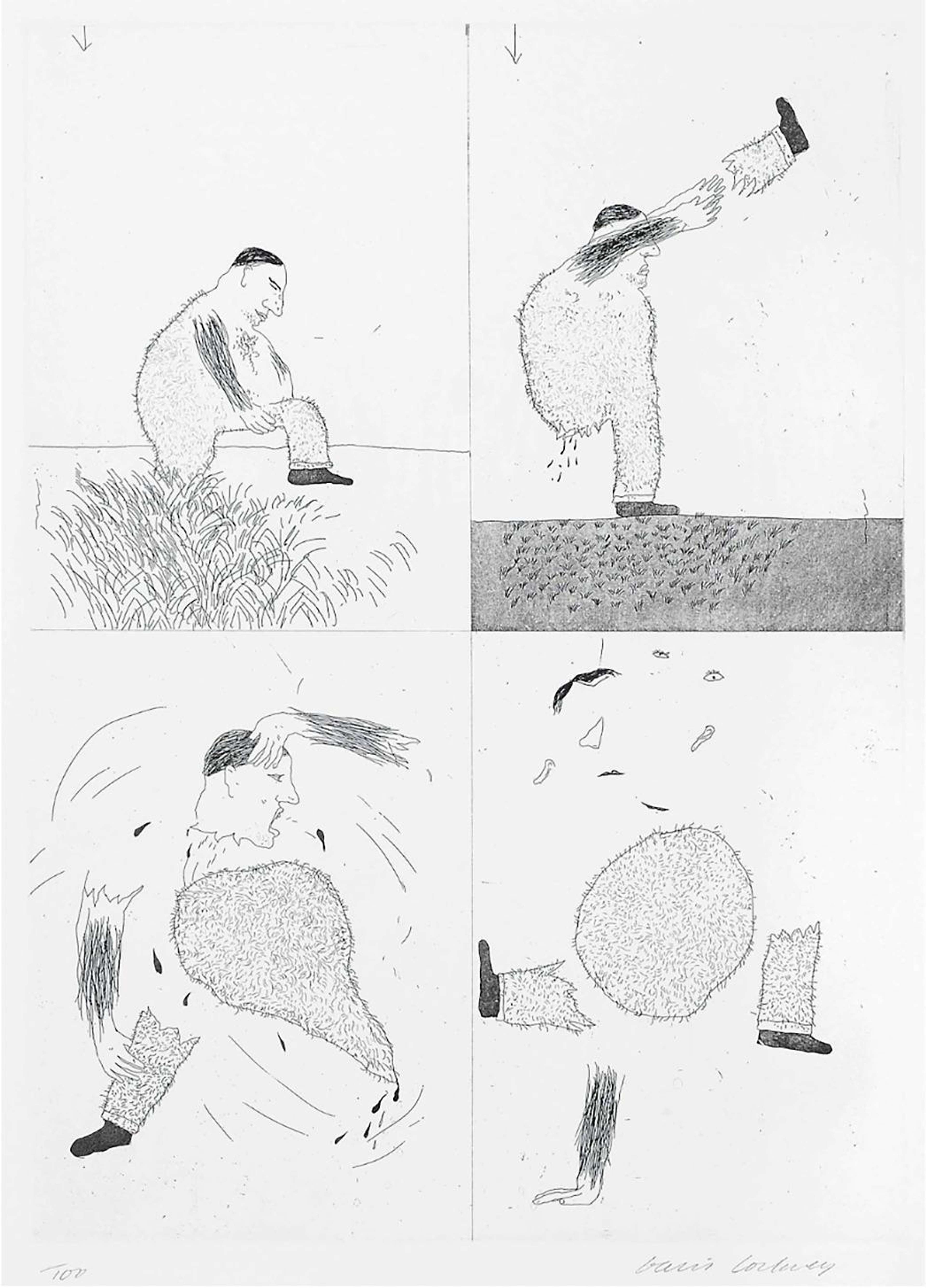 A grid of four boxes, each box depicting an abstract figure 'tearing' himself in two 