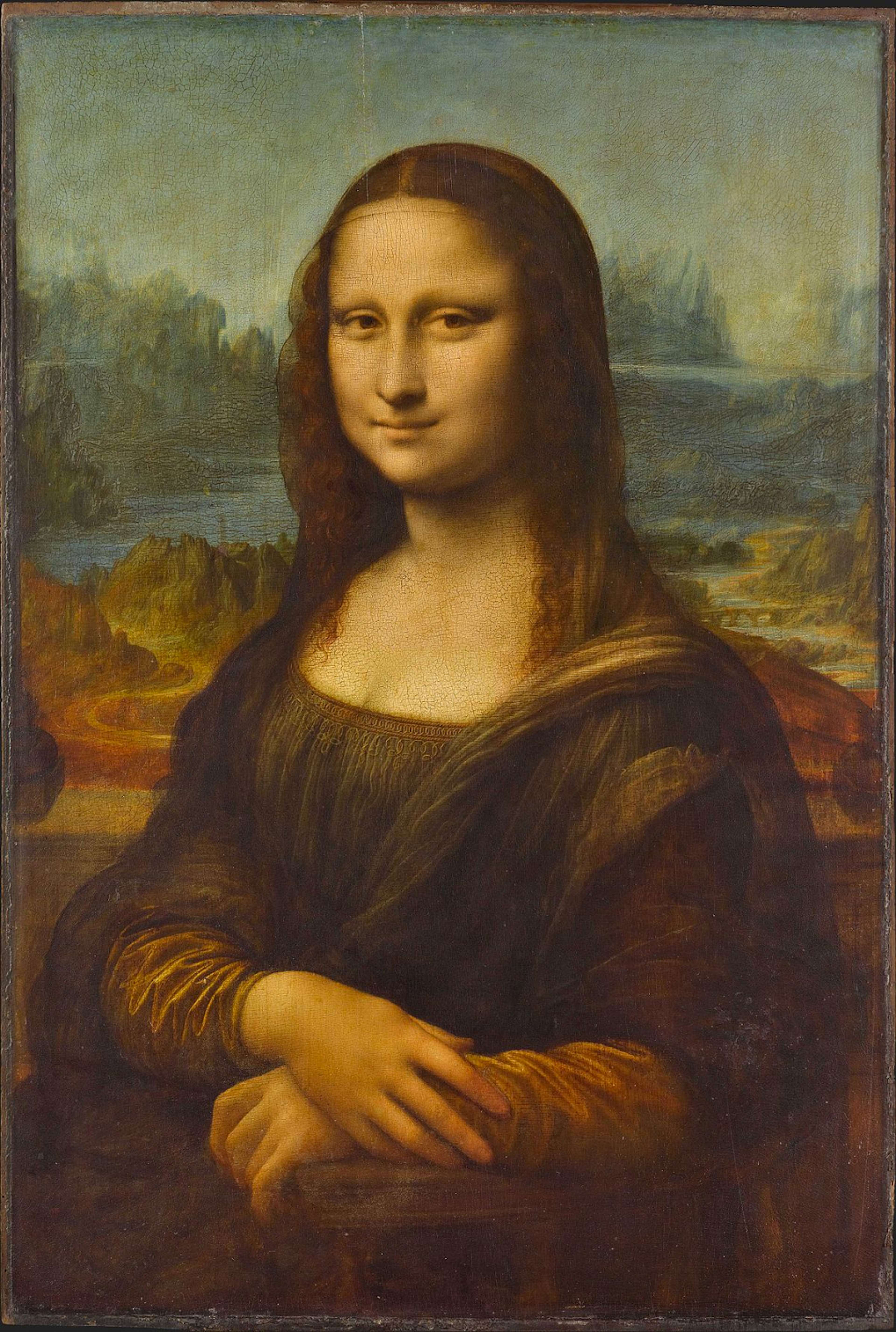 Portrait de La Joconde de Léonard de Vinci. Une femme est assise, les bras croisés, avec une expression subtile sur son visage.