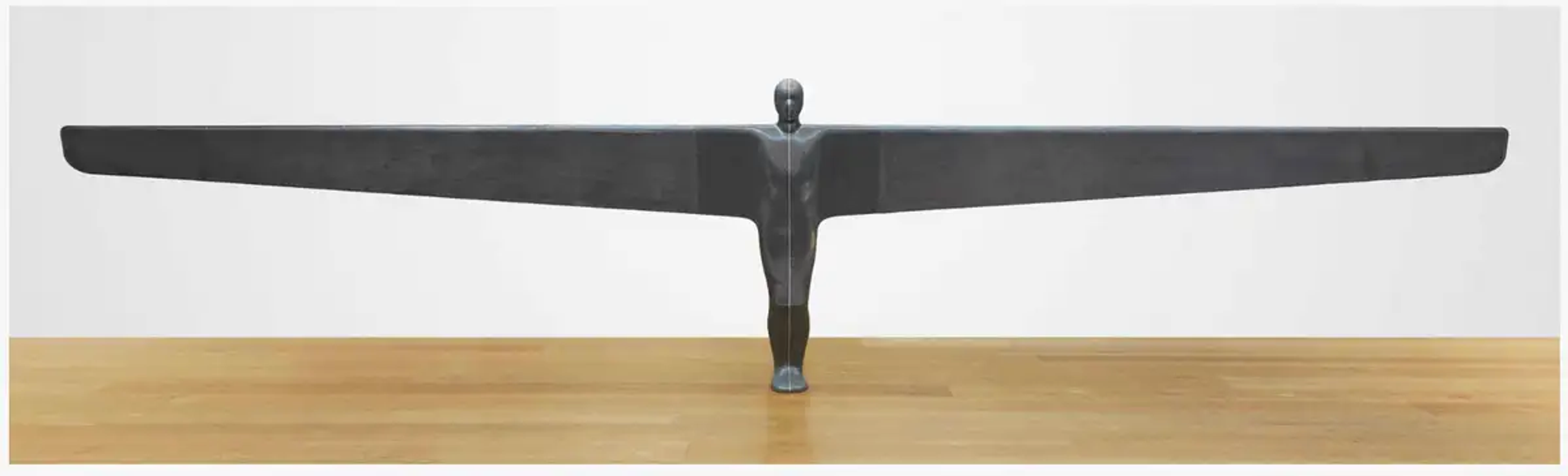 Une image de la sculpture "A Case For An Angel I" d'Antony Gormley, une sculpture en métal représentant une figure humaine aux bras écartés, semblable à un ange.