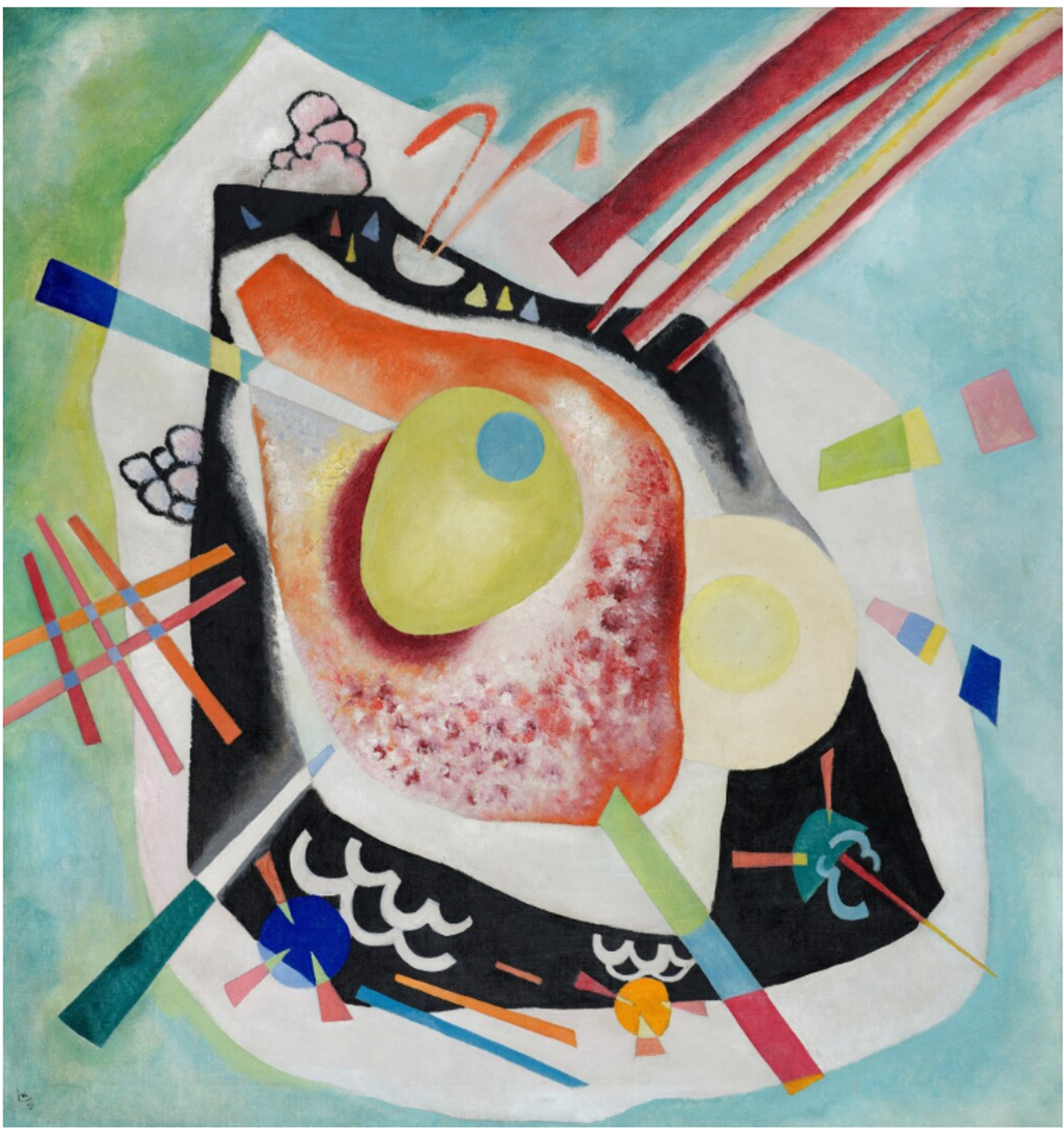 An abstract painting featuring a layered central oval-like form in textured orange, with white behind. On top sits an olive-like green shape. A black polygon surrounds these oval forms, with colourful geometric shapes extending out around it on a light blue-green background. 