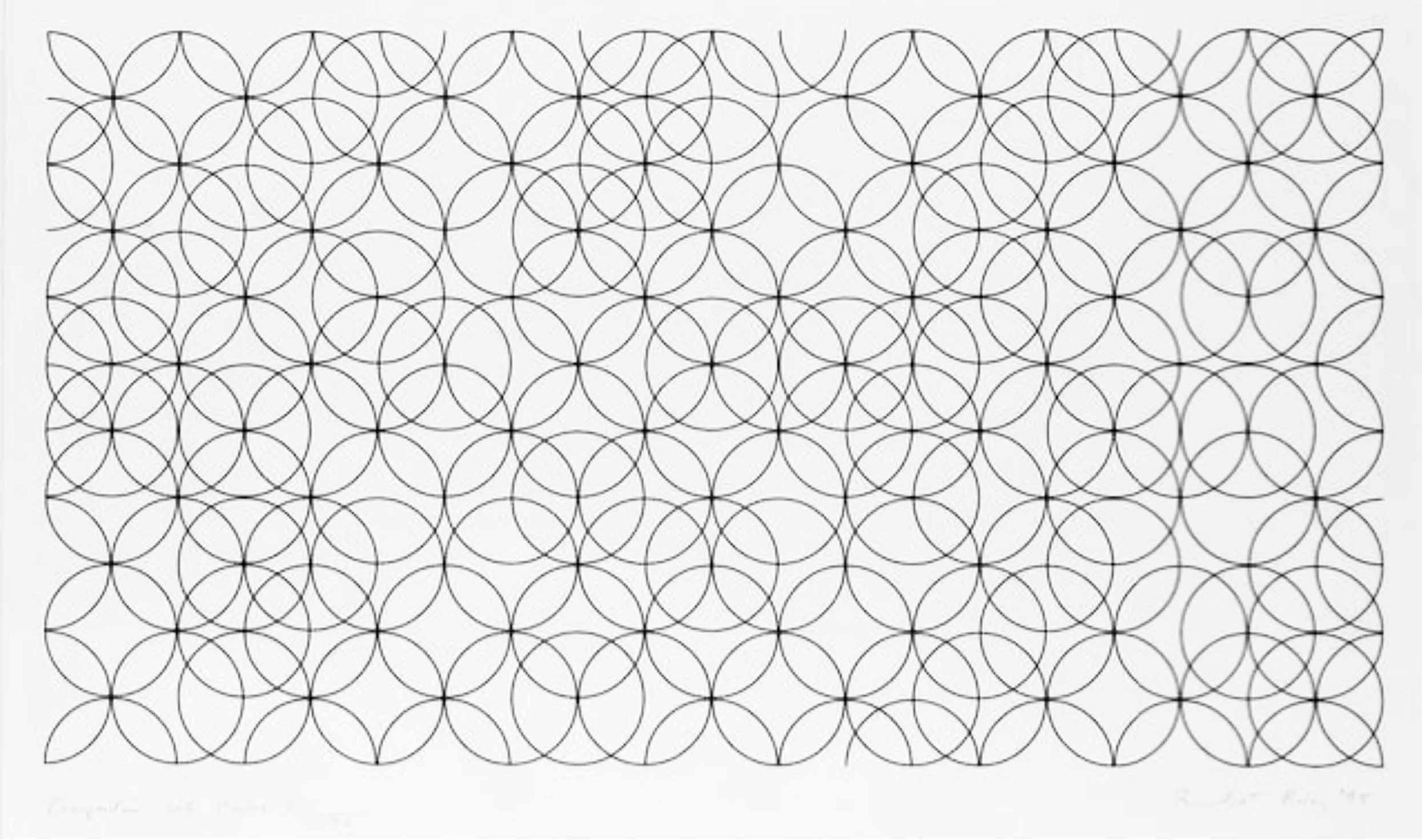 Dans « Composition With Circles 1 », Bridget Riley construit un champ de cercles répétés et superposés à l'intérieur d'un cadre rectangulaire. Les cercles, de taille égale, sont noirs sur un fond blanc. Ces œuvres s'inscrivent dans sa série « Composition With Circles », qui explore souvent les interactions entre les formes et la couleur, comme on le voit également dans « Black White Black ».