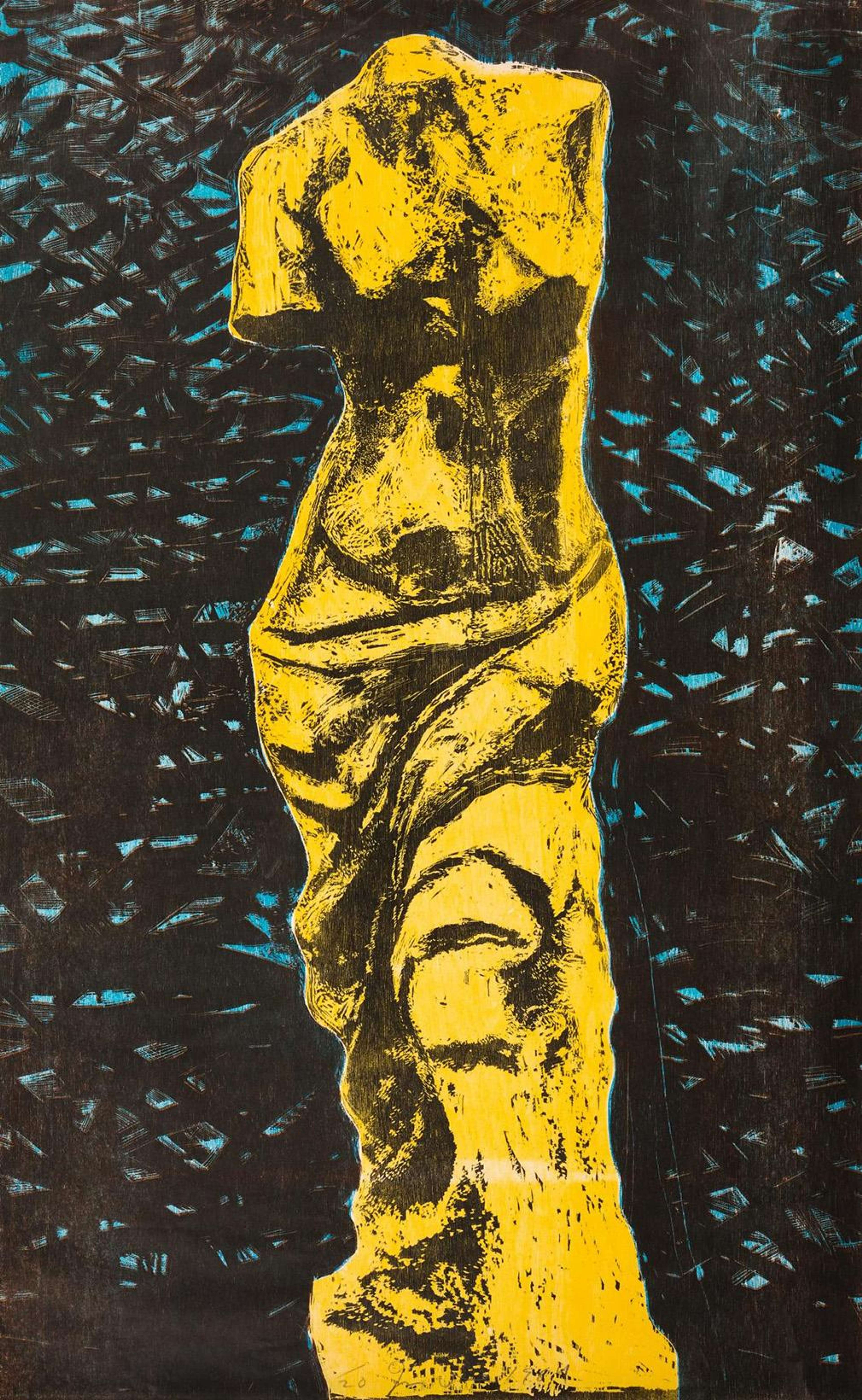 Une représentation de la Vénus de Milo sans tête. La statue elle-même est d'un jaune vif avec des ombres noires hachurées. L'arrière-plan est bleu avec une texture noire épaisse.