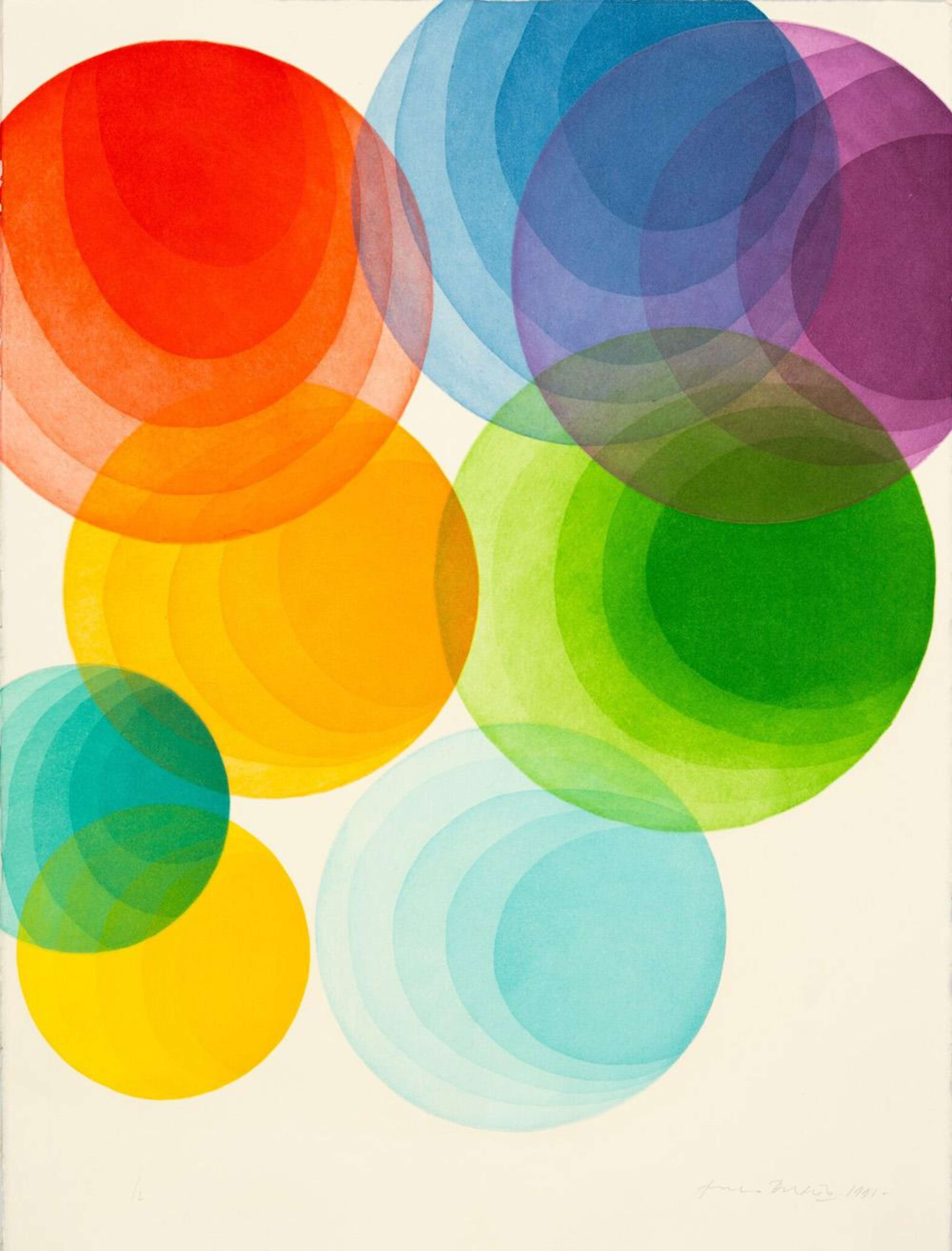 Une estampe représentant des ensembles de cercles concentriques de différentes tailles, disposés de manière apparemment aléatoire, tout en assurant un chevauchement de certains ensembles. Chaque ensemble commence par un grand cercle clair et lumineux qui contient des cercles intérieurs de plus en plus petits, dans des nuances plus sombres de la même couleur, un effet apparemment obtenu par la superposition d'encres translucides. Les encres translucides permettent aux couleurs de se mélanger là où les cercles se chevauchent. La composition est présentée sur un fond blanc.
