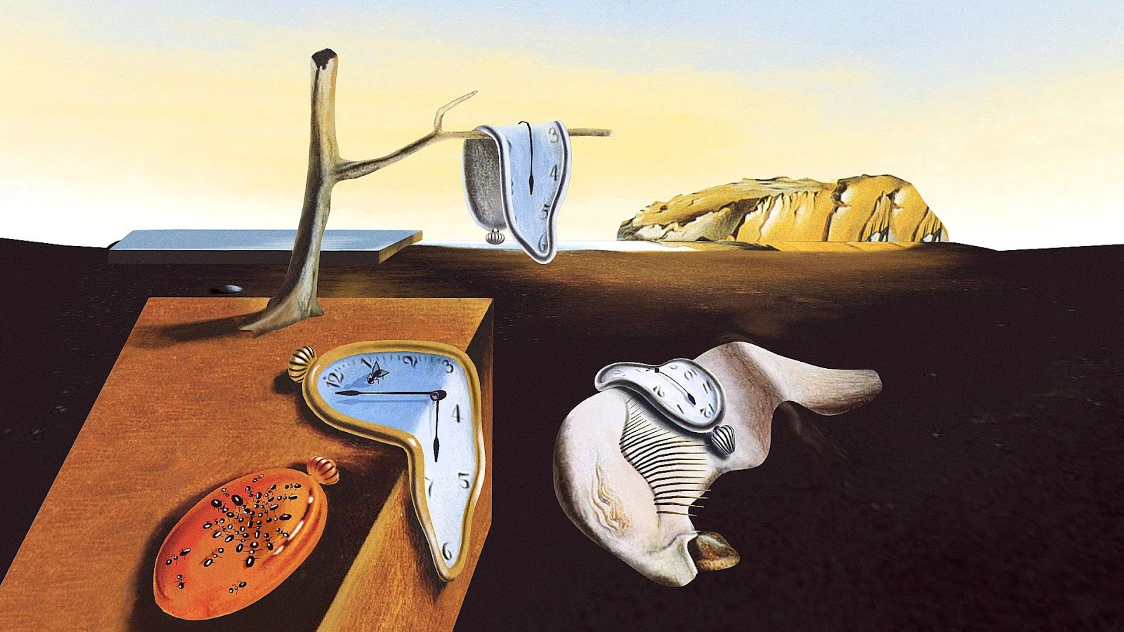 Une image du tableau "The Persistence Of Memory" de Salvador Dalí. Elle représente une scène dans le désert, avec plusieurs horloges qui semblent fondre.