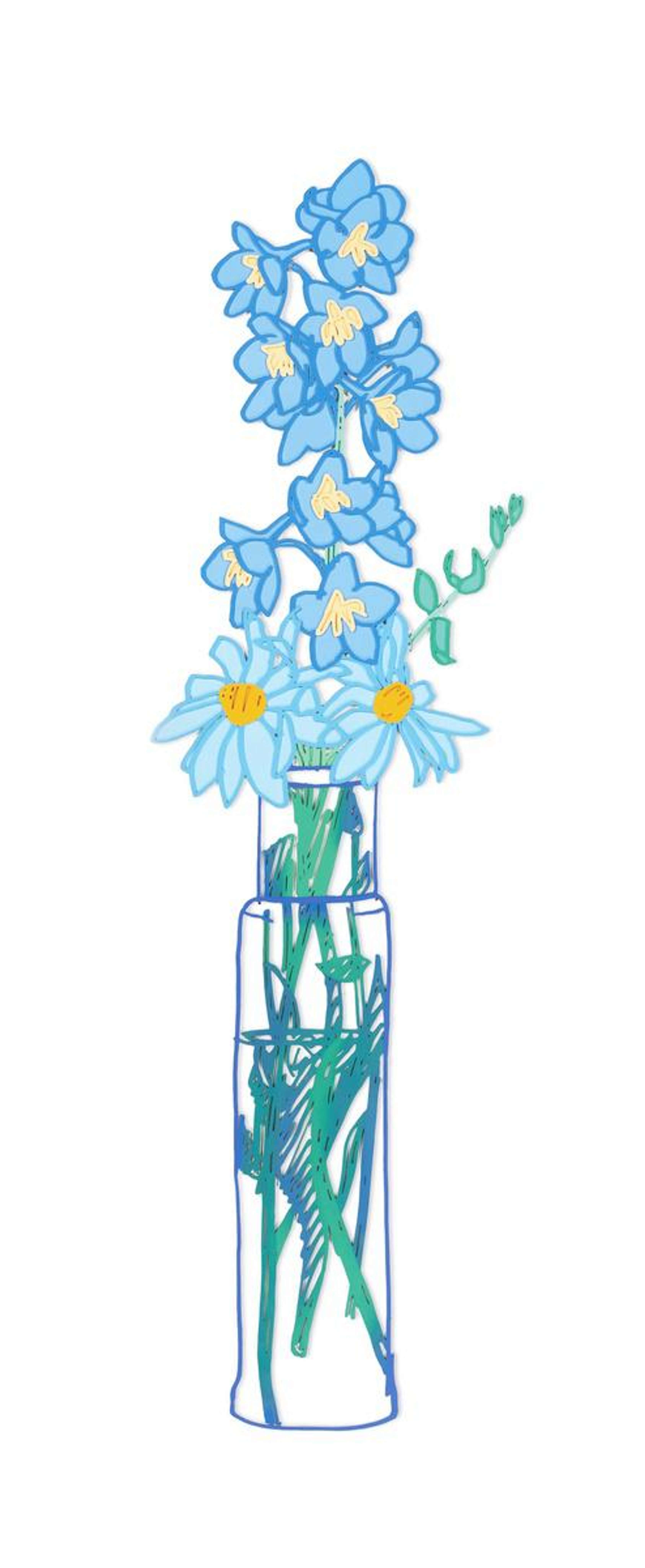 Un vase de fleurs bleues sur fond blanc, avec un relief en acier qui donne aux œuvres un aspect tridimensionnel.