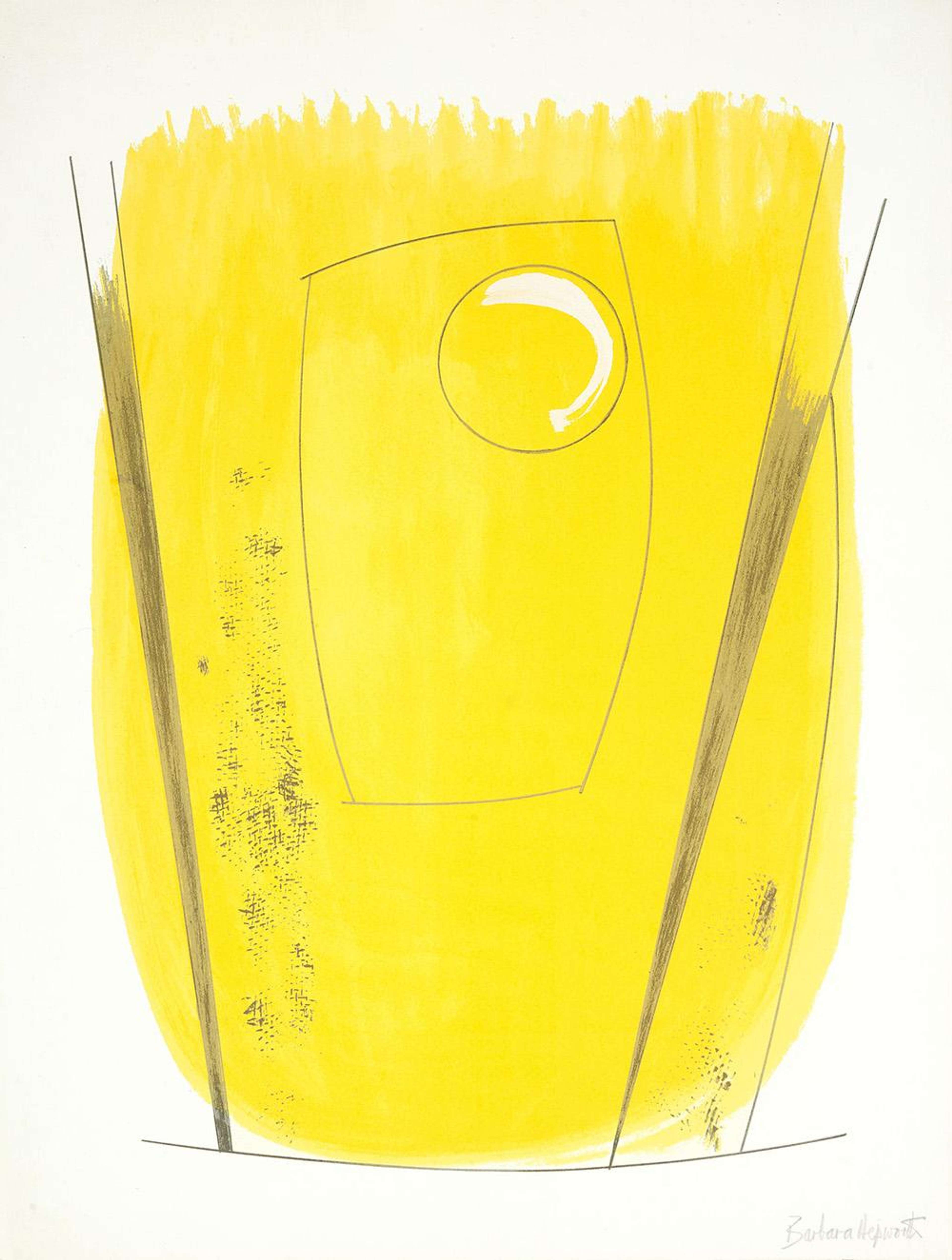 À l'arrière-plan, une grande forme oblongue jaune présente des coups de pinceau visibles, surtout dans la partie supérieure. Au-dessus, deux bandes gris-beige se trouvent de chaque côté. Elles s'amincissent vers le bas et s'inclinent vers le centre. Elles rejoignent une fine courbe noire en bas du motif. Au centre de l'image se trouve un oblong aux côtés incurvés, délimité par un contour noir. À l'intérieur se trouve un cercle rehaussé d'une courbe blanche.