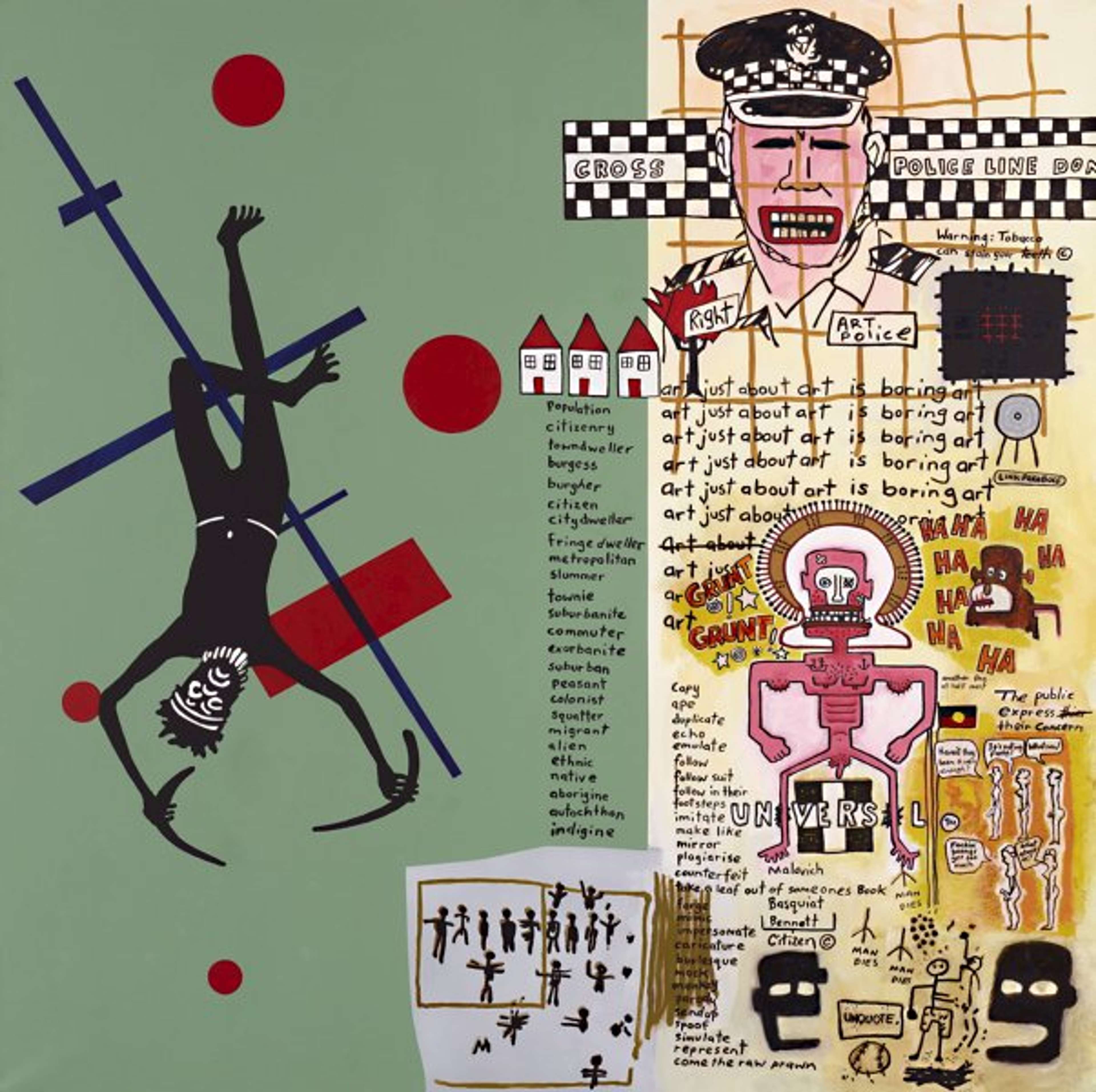 Une œuvre technique mixte intitulée « Notes to Basquiat (in the future art will not be boring) », présentant des notes manuscrites et des images superposées sur un fond de coups de pinceau expressionnistes cernant des nuances de bleu, de rouge et de jaune.