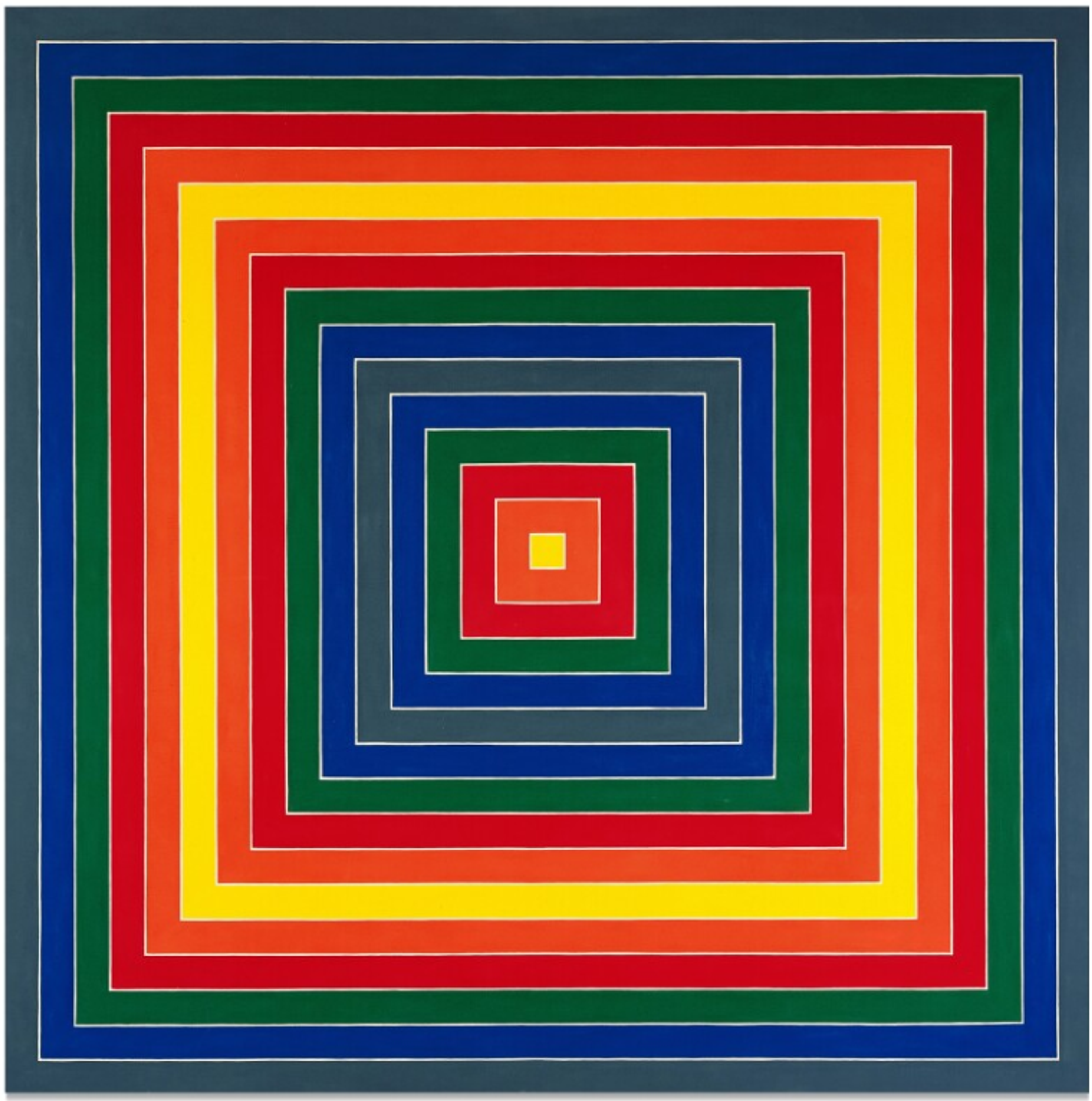 A vibrant square painting featuring concentric rectangles in bold primary colours - red, orange, yellow, blue, green - radiating inward to a central square. The colours follow a pattern that reverses when it is complete; for example, “blue, green, red, orange, yellow,” then becomes “orange, red, green, blue.”