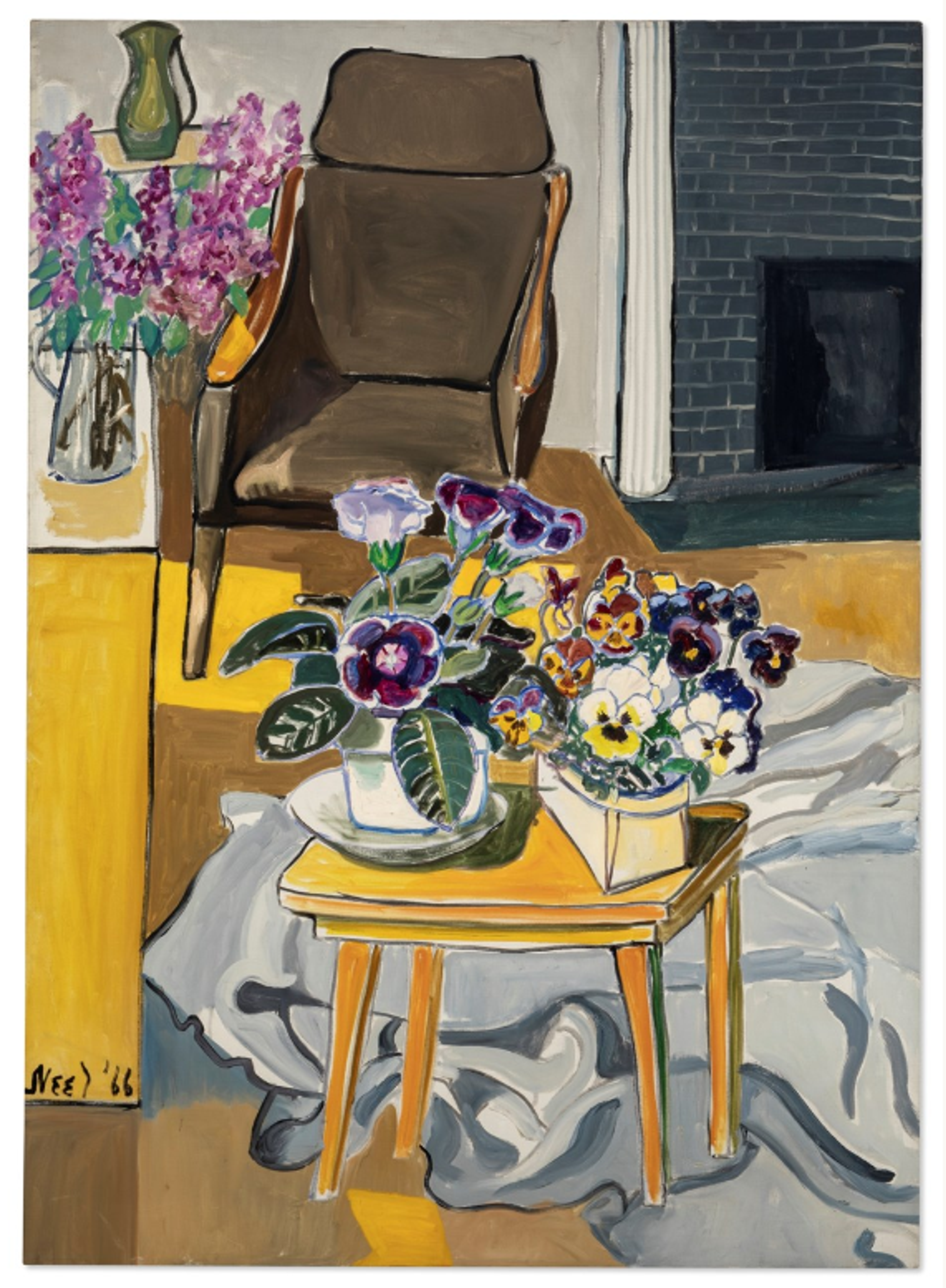 A still life painting featuring a brown armchair, yellow side table with potted pansies and other flowers, and purple lilacs in a vase against a grey wall with a fireplace.