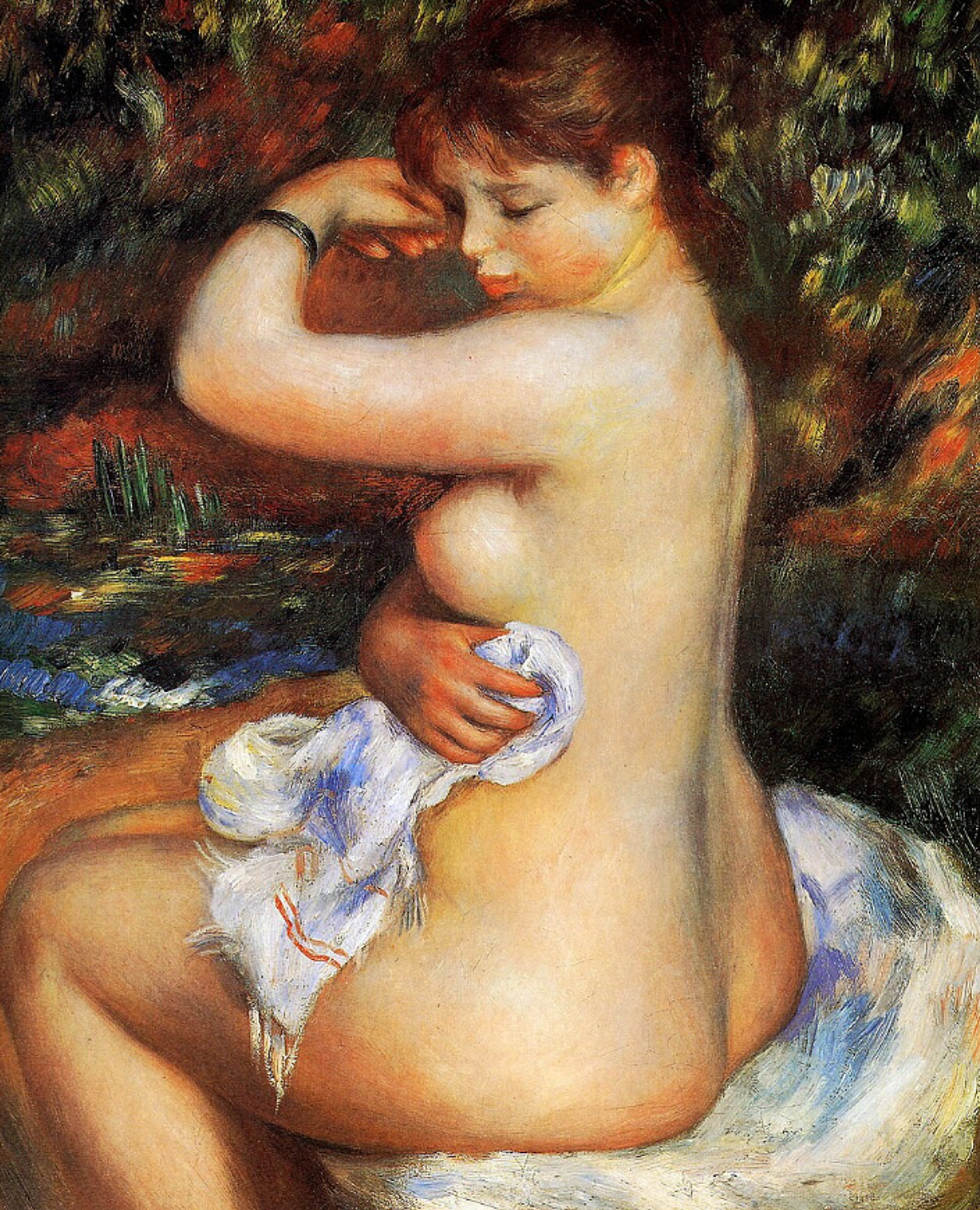 A nude female figure sitting with her body turned slightly away from the viewer. Her head is turned back towards the viewer as she lifts an arm to dry herself with a towel. Her auburn hair is pinned up. The background shows lush greenery and water, painted with loose, vibrant brushstrokes typical of impressionism.