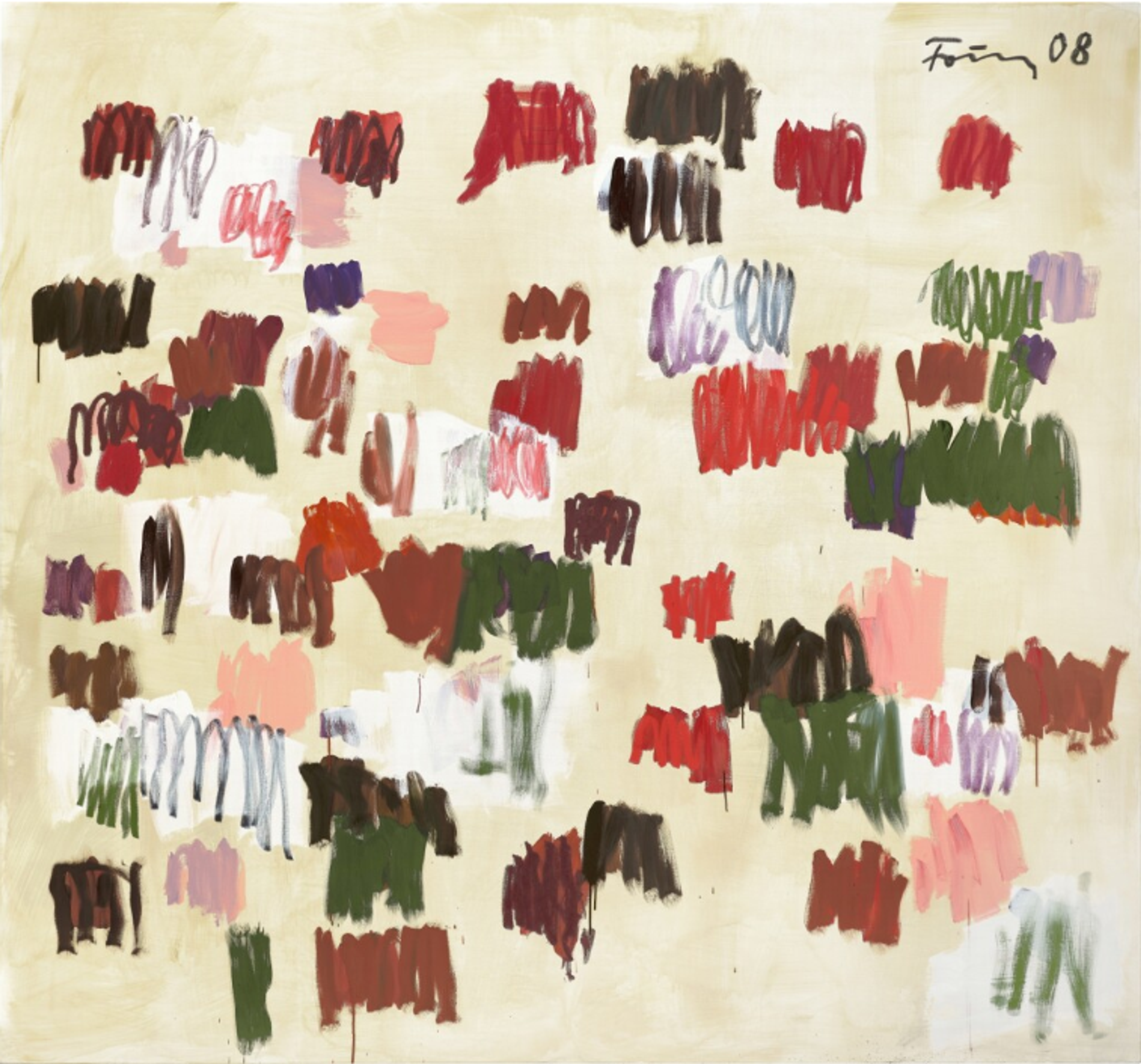 An acrylic on canvas featuring brushstrokes on a cream-coloured background. The composition displays a more restrained palette of browns, greens, reds, and pinks. The brushstrokes vary in opacity and density, creating subtle variations in visual weight across the composition.