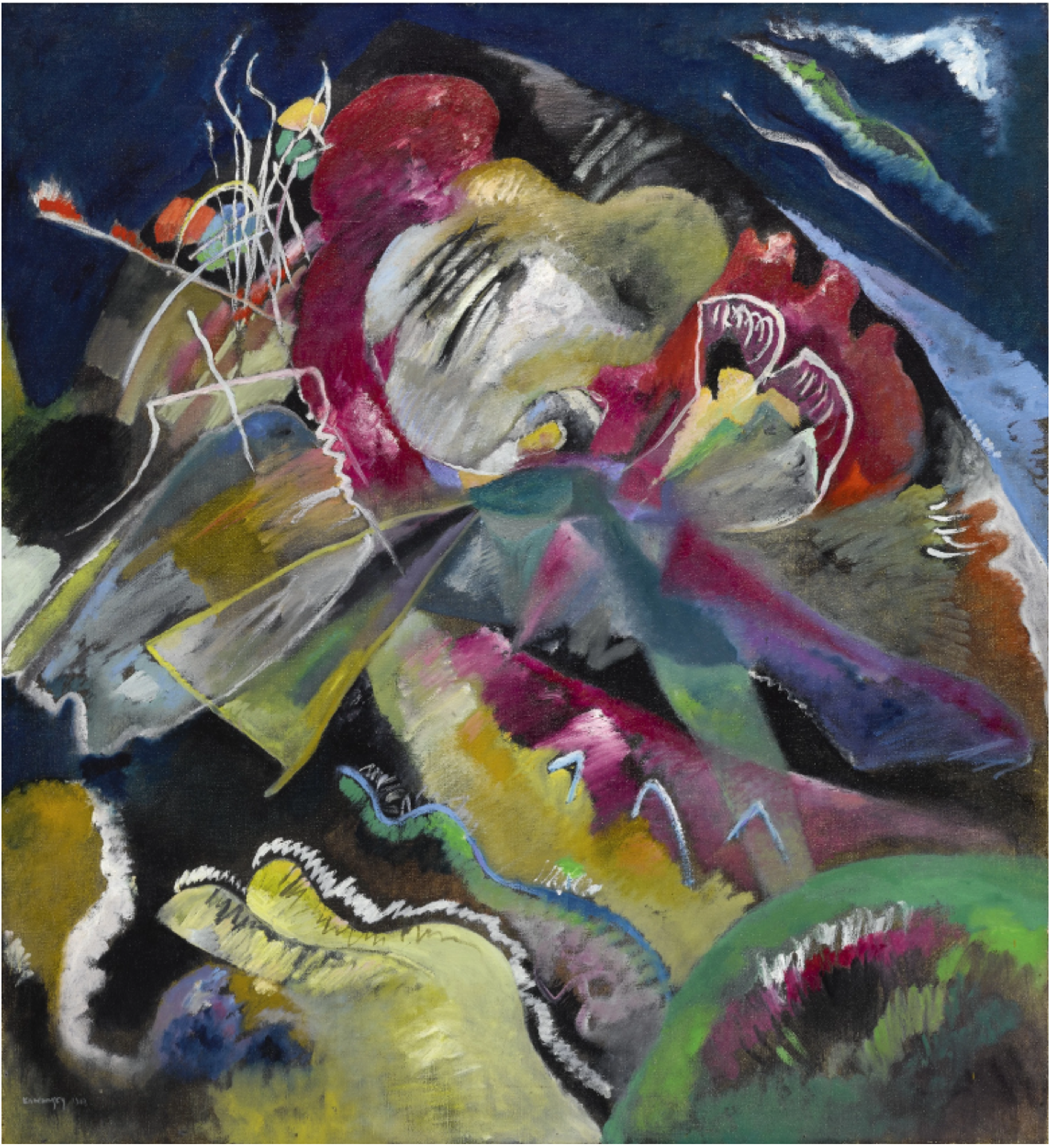 An expressive abstract composition featuring swirling organic forms in purples, pinks, blues, and yellows. White lines weave through the painting, creating contrast against the dreamlike arrangement of colourful, fluid shapes.