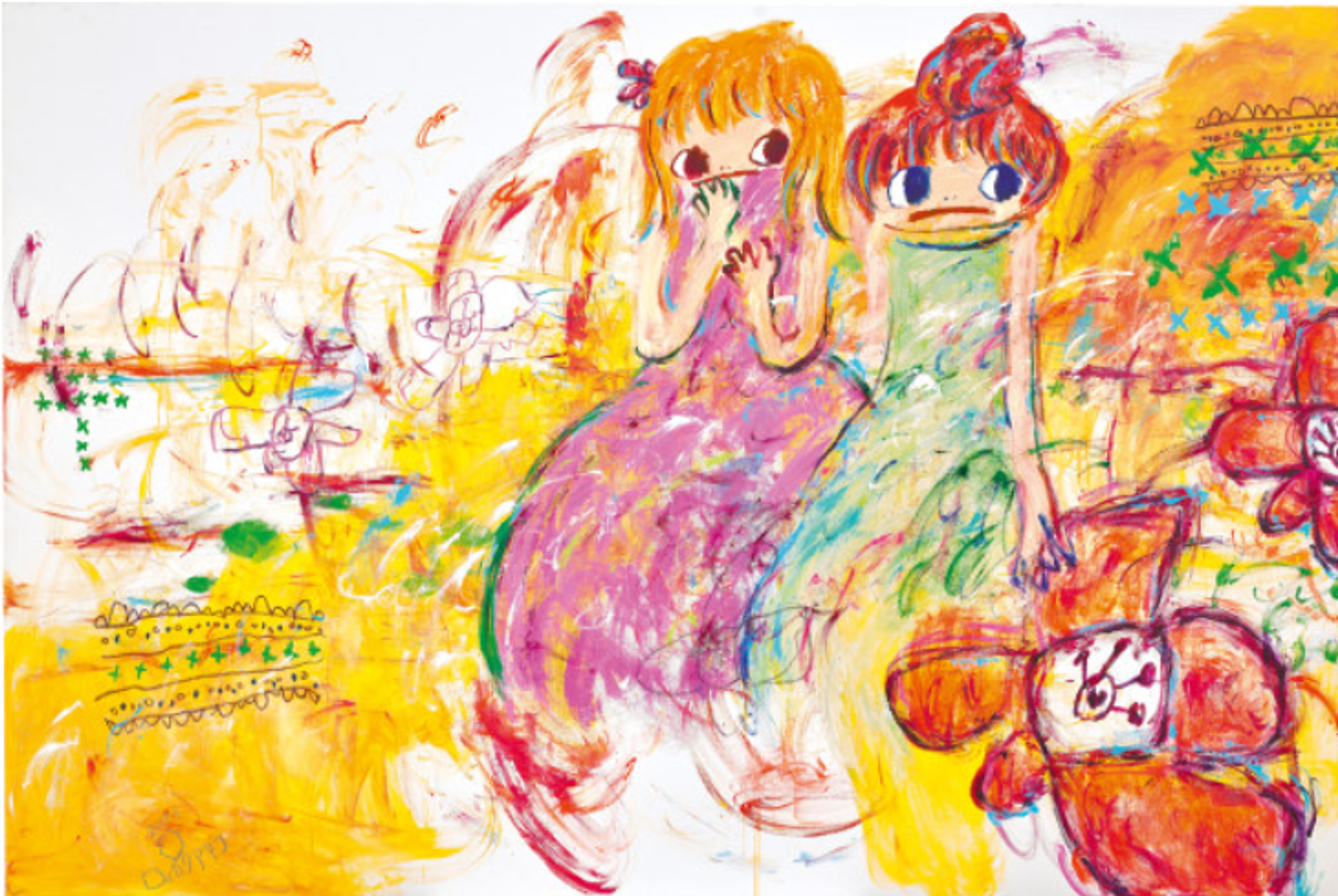 A painting of two anime style young girls, against an abstract yellow and white background. The girl on the left has blonde hair, wears a pink dress, and has her hands up to her mouth in shock. The girl on the right has red hair tied up in a bun and has a sad expression on her face. Two large abstract orange flowers sit in the foreground.