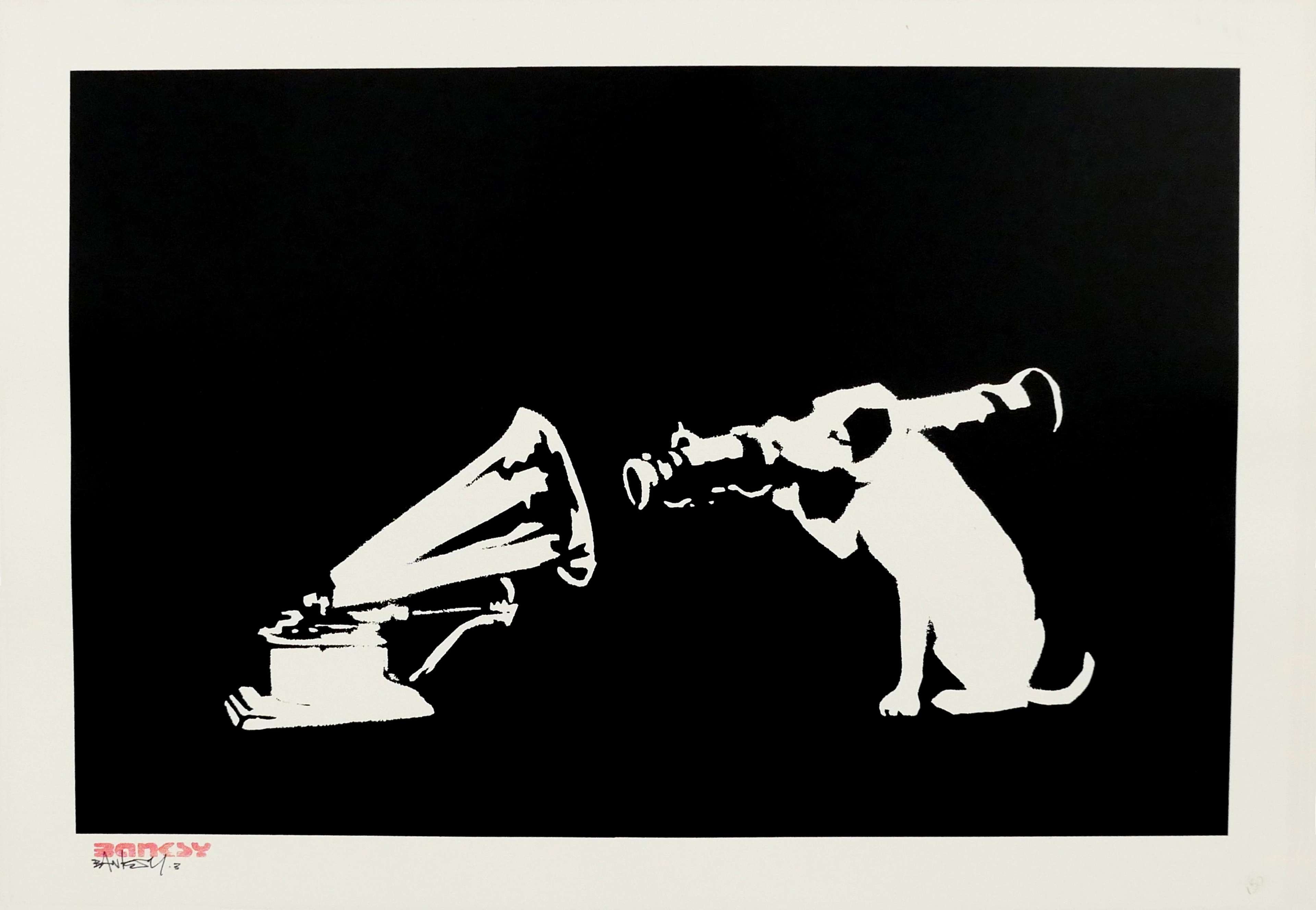 Banksy screenprint of a dog holding a bazooka into a gramophone speaker in bold black and white stencil style.