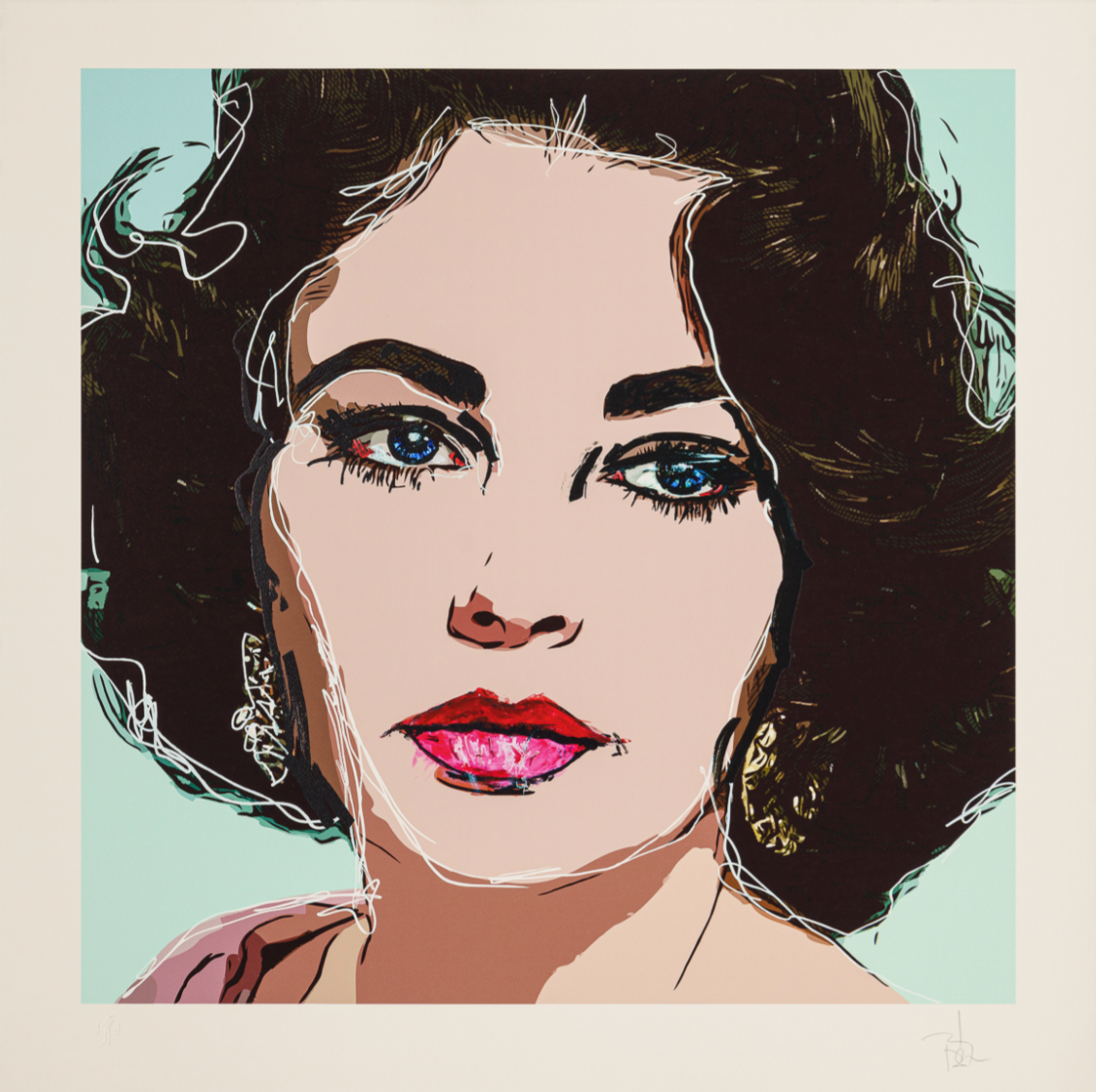 Un portrait d'Elizabeth Taylor sur fond bleu clair.