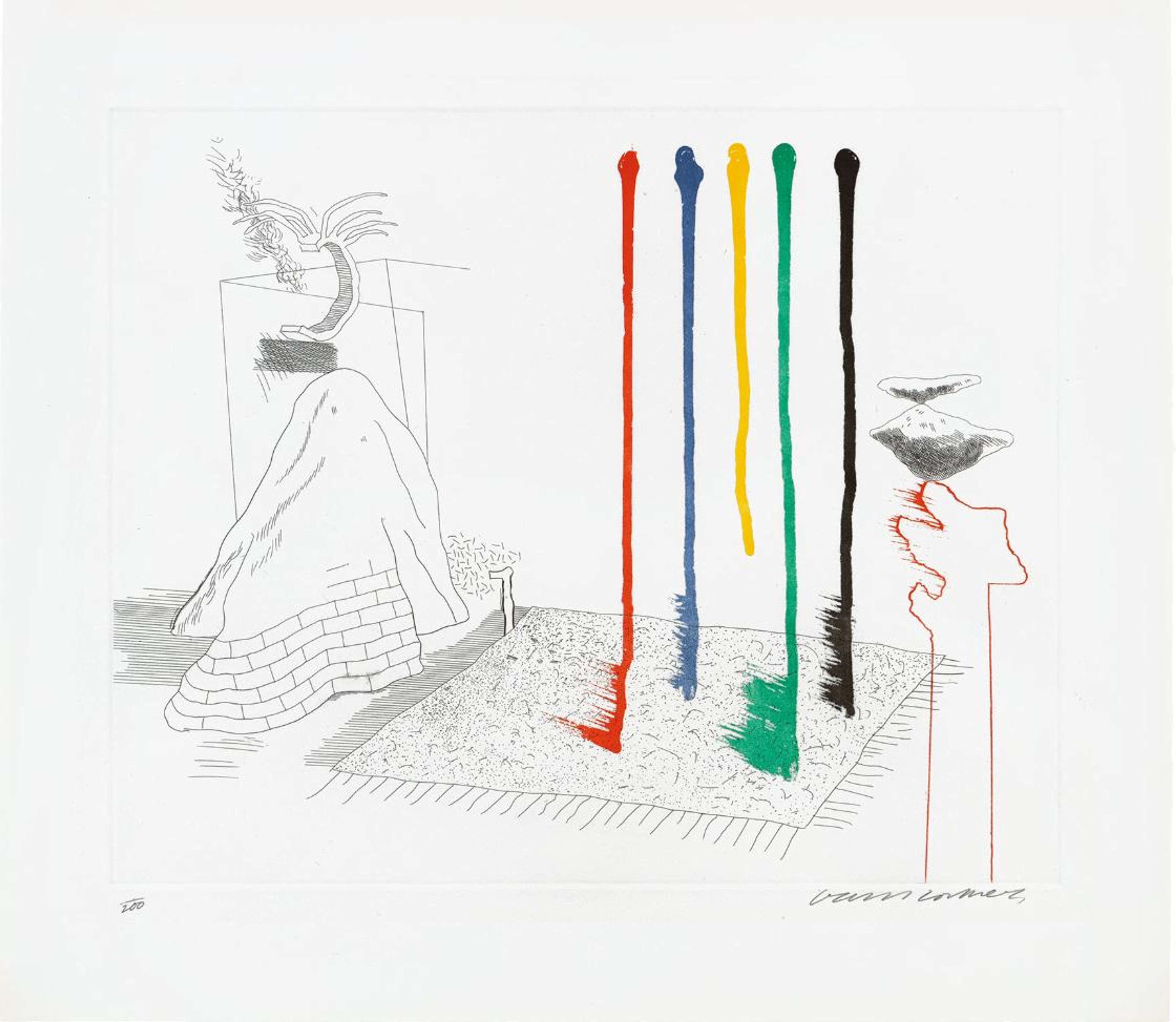 abstract objects surrounding five vertical lines of varying colours  