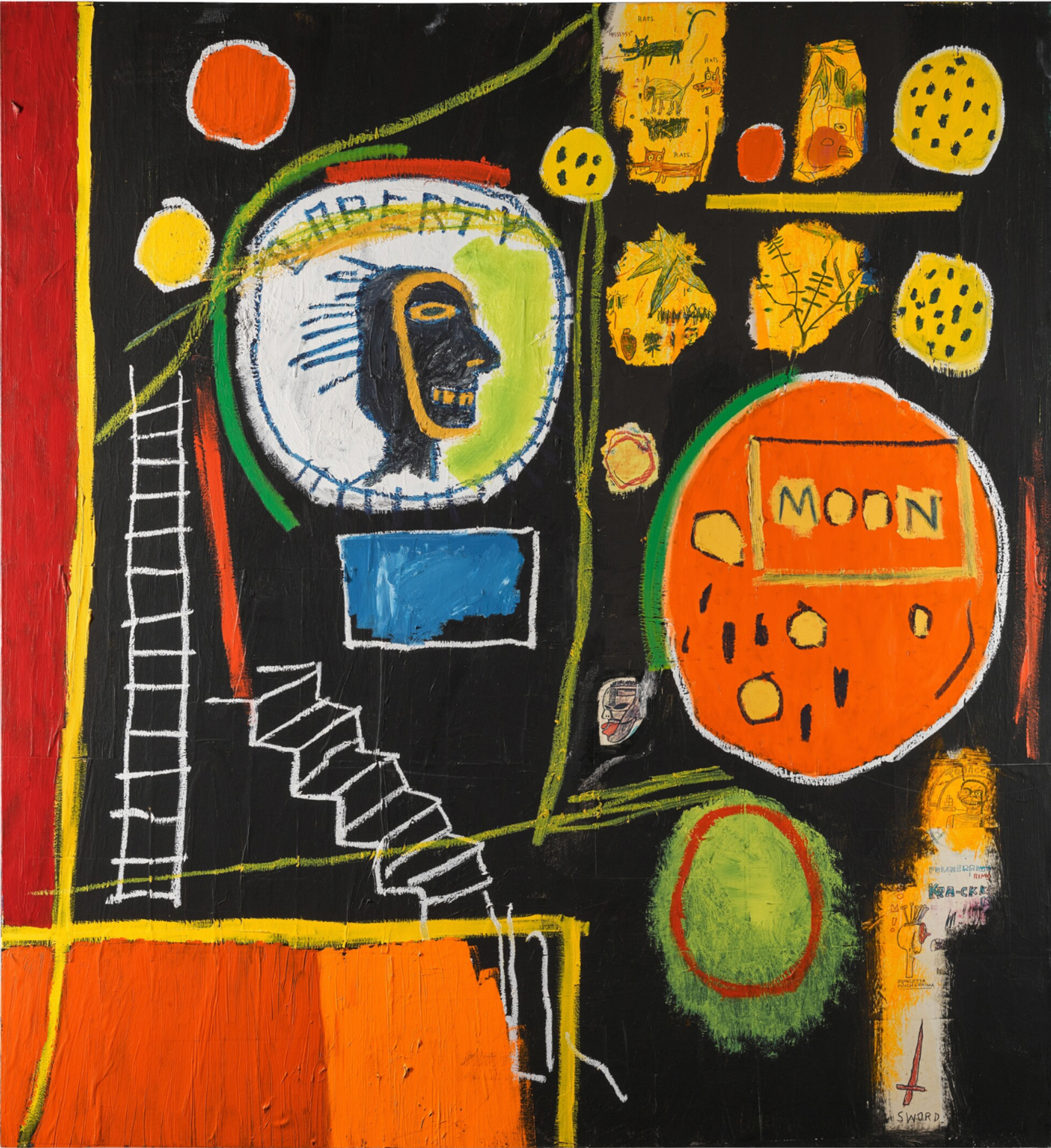 Une peinture abstraite de Jean-Michel Basquiat présentant un arrière-plan vibrant dans des nuances de rouge, de jaune, d'orange et de brun. Superposés figurent une échelle, des escaliers au contour blanc, ainsi que plusieurs cercles de tailles différentes. Le plus grand cercle ressemble à une pièce de monnaie avec une effigie brune et le mot « liberty » inscrit au-dessus. Un autre cercle proéminent est orange, contenant de plus petits cercles jaunes à l'intérieur, accompagné du mot « moon » écrit dans un rectangle.