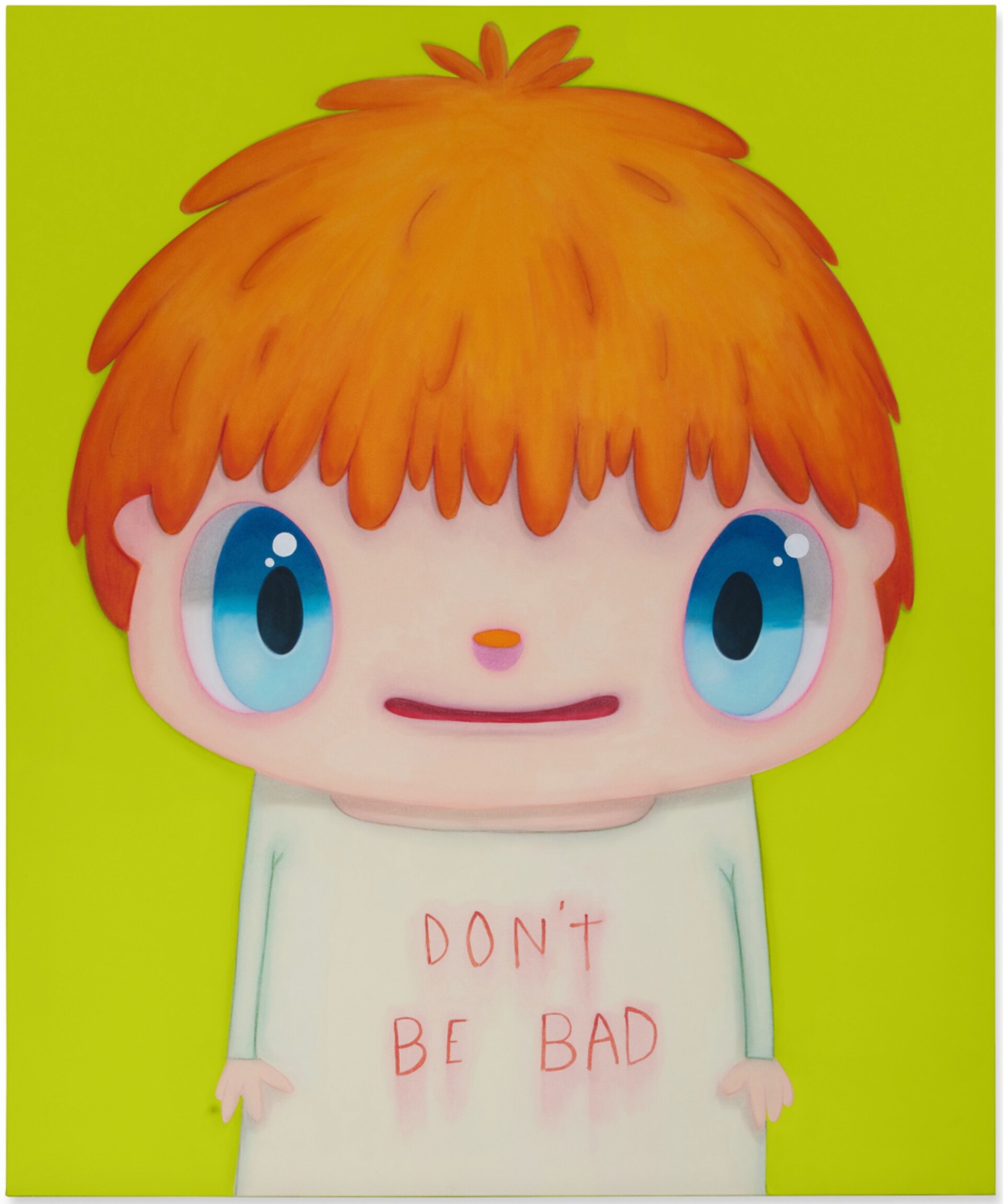 A wide-eyed child painted in Calleja’s cartoonish style, with spiky orange hair and wide, round blue eyes, standing against a bright lime green background, wearing a pale shirt with "DON’T BE BAD" written in red.