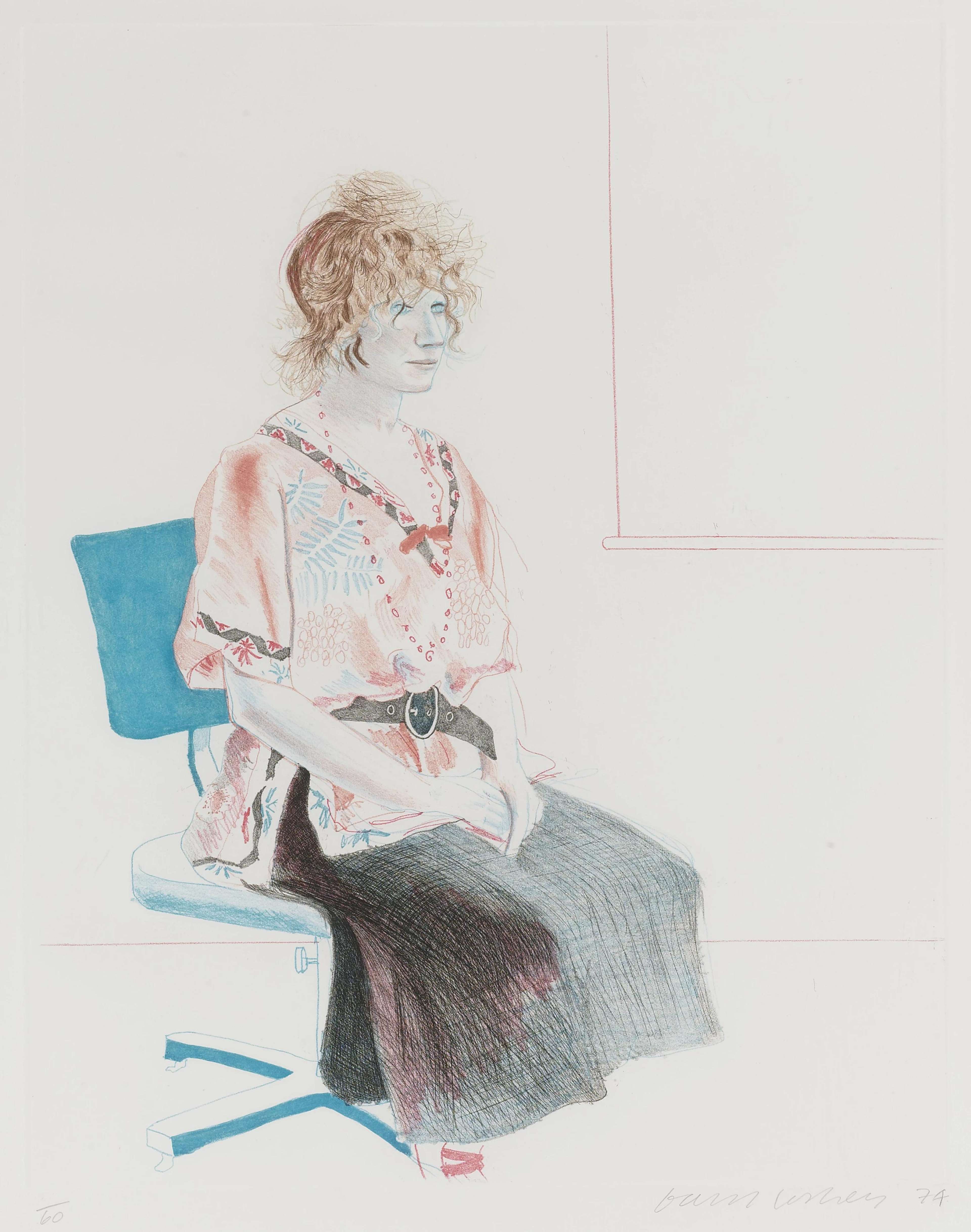 A simple lithograph of Celia Birtwell sitting in an office chair, her casual pose and clear outline capturing everyday familiarity.