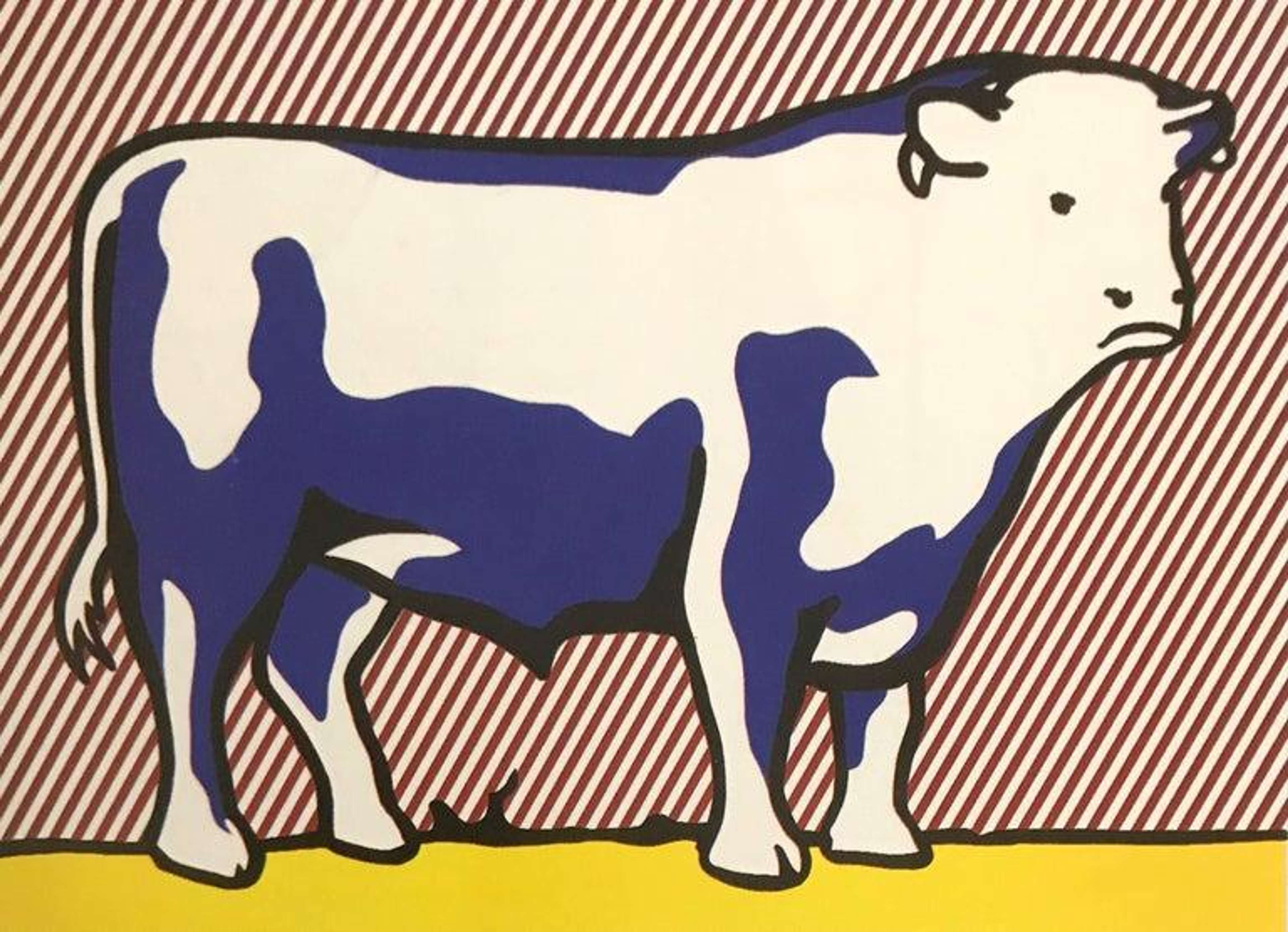 A signed screen print by Roy Lichtenstein, titled Bull VII, depicting a stylised bull's head in bold black outlines with geometric forms and a vivid red, yellow and blue palette, signed in the lower right corner.