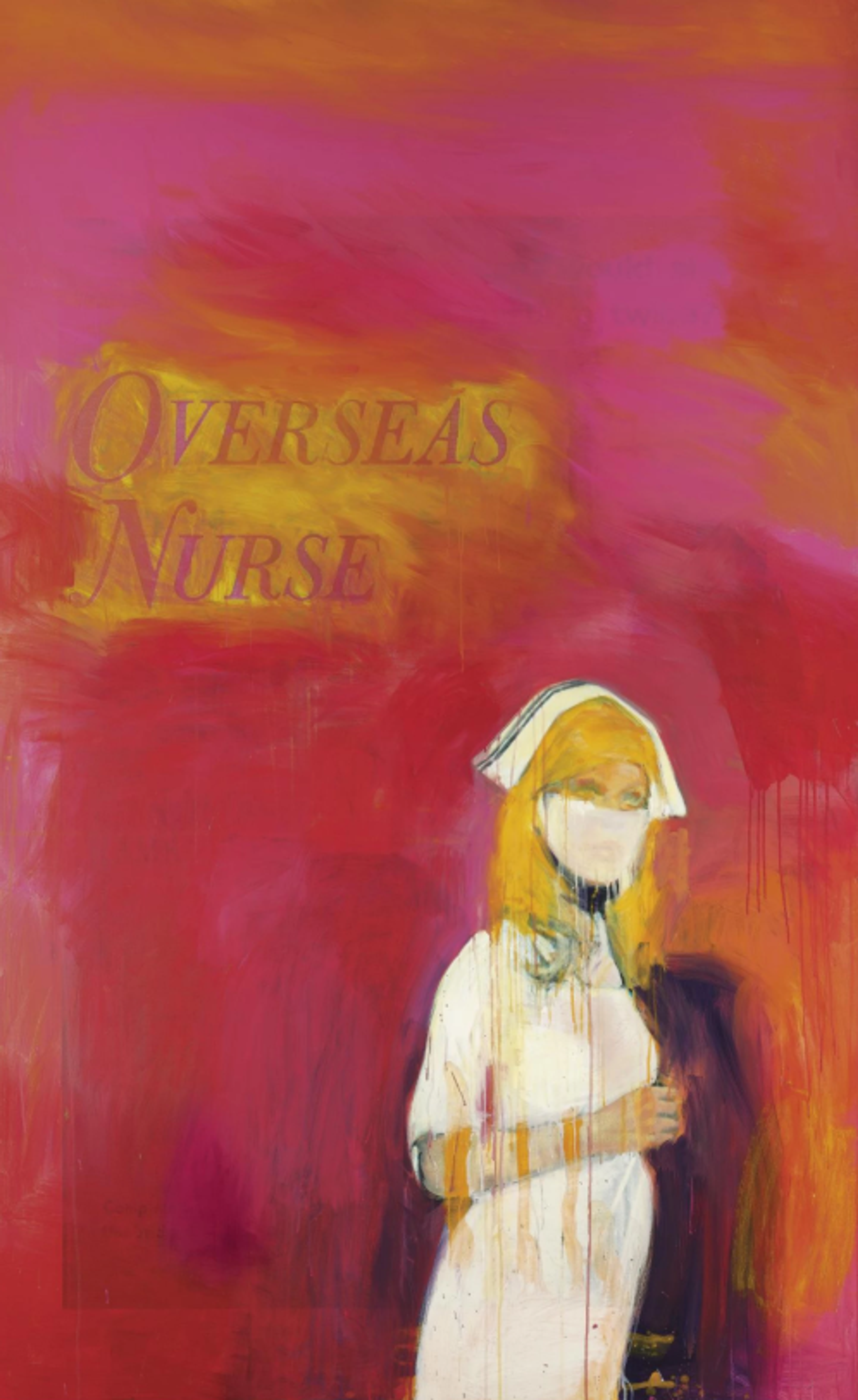 A figure in nurse's attire with cap positioned against a vibrant orange-red background, looking at the viewer but with body turned away and hands clasped. The composition features strong colour contrast between the white uniform and the warm backdrop. The words “Overseas Nurse” are lightly highlighted in yellow paint.
