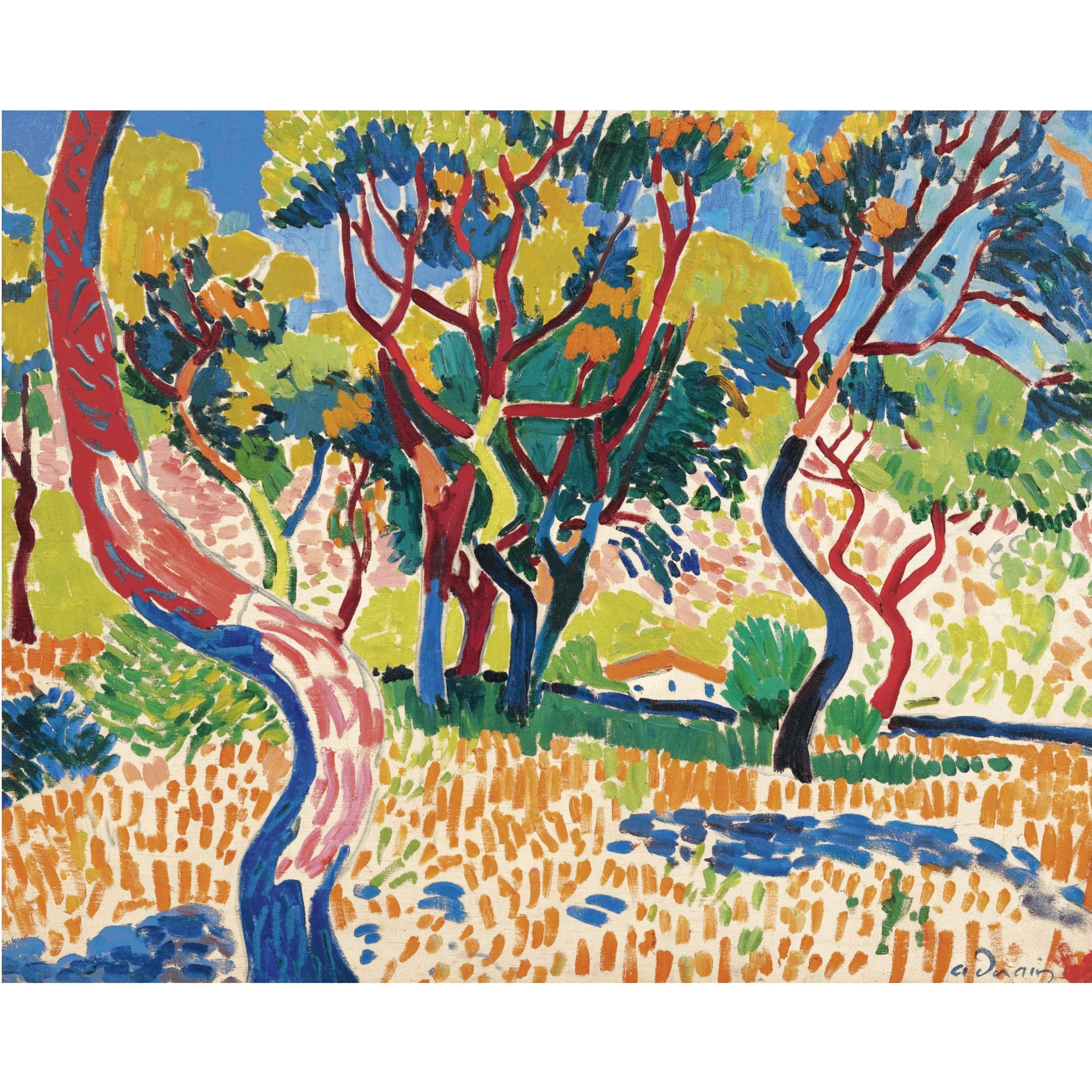 A vibrant landscape featuring a wooded area with purple and green trees and peach-coloured grass. A white house with an orange roof is visible on the horizon. The bold non-naturalistic colours are applied in mosaic-like patches. The bare canvas is visible between the brushstrokes.