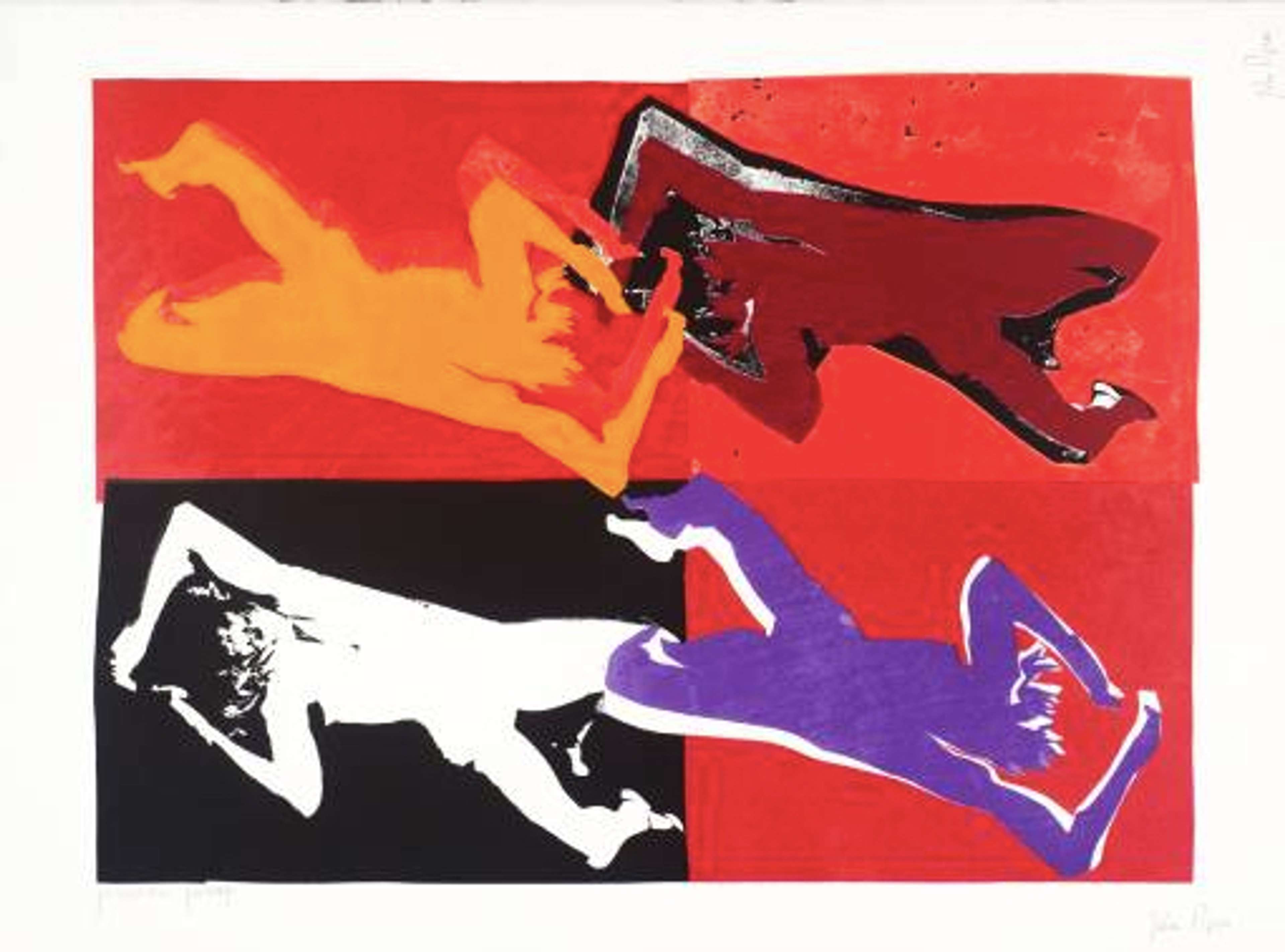 Estampe en technique de collage, inspirée de la pop art, représentant quatre photographies abstraites d'une femme allongée sur le dos. L'arrière-plan vibrant met en valeur diverses nuances de rouge et de noir.