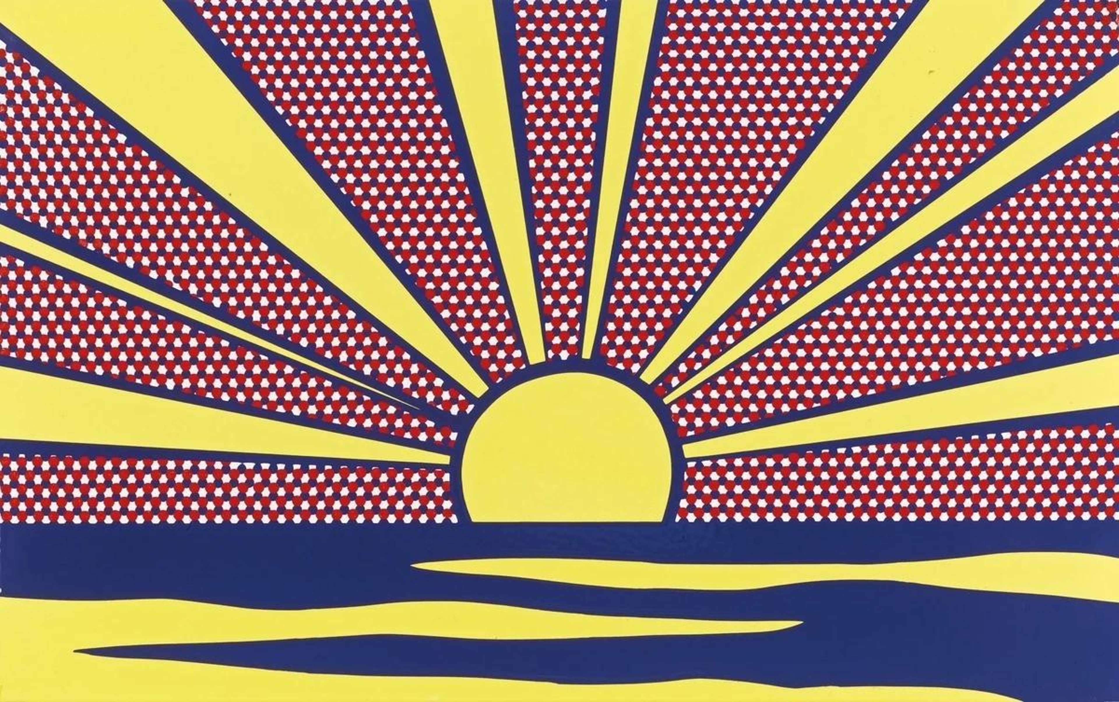 Une œuvre en porcelaine émaillée sur acier de Roy Lichtenstein, intitulée « Sunrise », représentant un soleil stylisé émergeant derrière une ligne d'horizon composée de vagues ondulantes. L'œuvre présente des rayons jaunes audacieux rayonnant vers le haut dans un ciel rendu par des points Ben-Day rouges, avec des bandes bleu profond et rouge formant la mer en dessous. Exécutée en 1965 dans le cadre de la série de Roy Lichtenstein intitulée « Landscapes, Moonscapes, Seascapes », cette pièce illustre son approche Pop Art des motifs de paysage traditionnels. Produite en édition limitée à 5 exemplaires, chaque œuvre est signée et datée par l'artiste au revers.