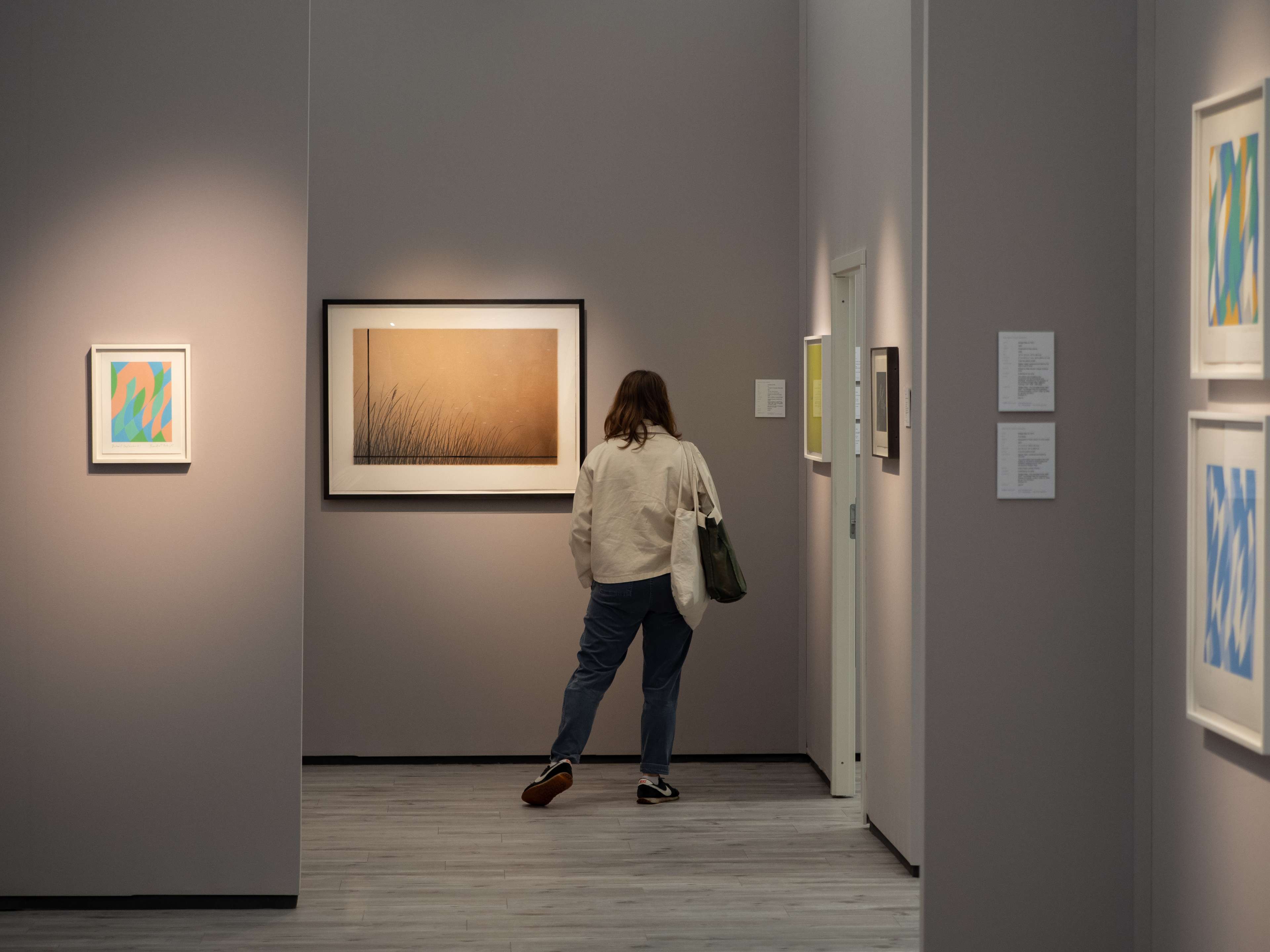 Une femme admirant une œuvre d'art optique de Bridget Riley dans un espace d'exposition de galerie d'art dynamique.